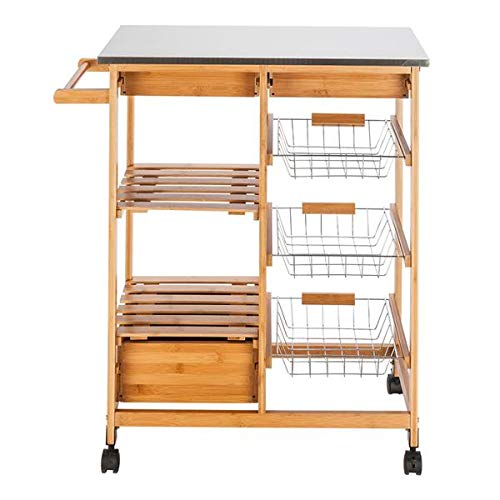 FCH Stainless Steel Kitchen Cart with 3 Drawers & 3 Baskets - Mobile Kitchen Island with Wheels for Small Spaces, Pantry Organization & Dining Room Storage
