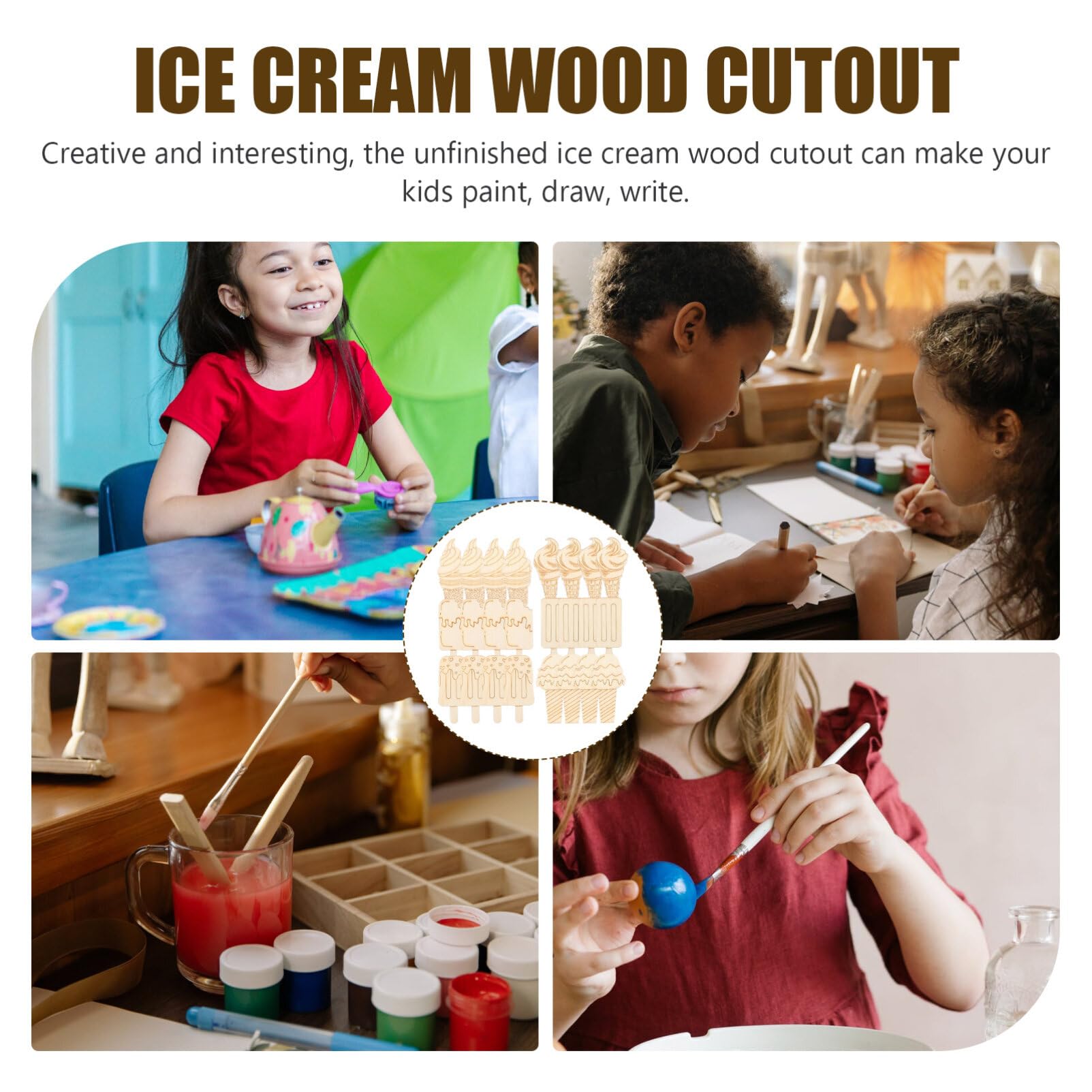 30pcs Unfinished Ice Cream Wood Cutouts for Kids Summer Crafts - DIY Art Painting, Decorations & Party Supplies - Perfect for Classroom Projects, Birthday Parties & Home Decor