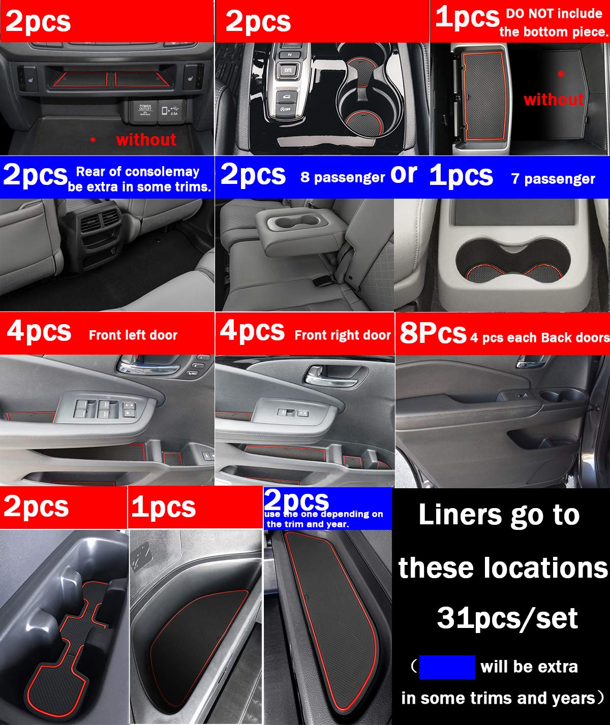 Custom Fit Honda Pilot 2021 2022 2016-2020 All-Weather Floor Mats - 31pc Set with Red Trim | Anti-Slip Dustproof Interior Accessories for Door Compartment & Cup Holders | Perfect for Road Trips & Daily Commutes