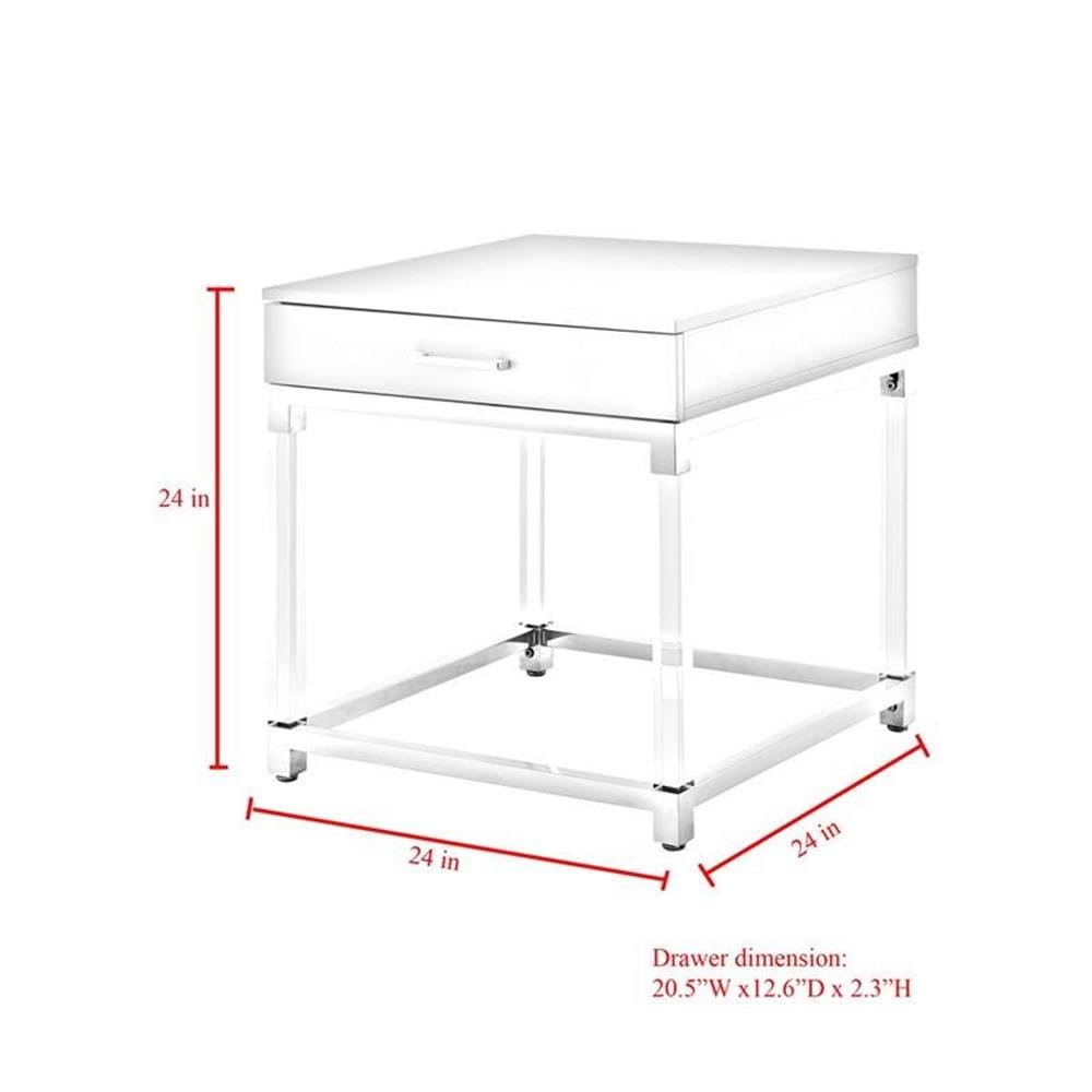 Briar 1-Drawer Metal Nightstand with Acrylic Legs - White Chrome Finish Bedside Table for Living Room, Bedroom & Office Use