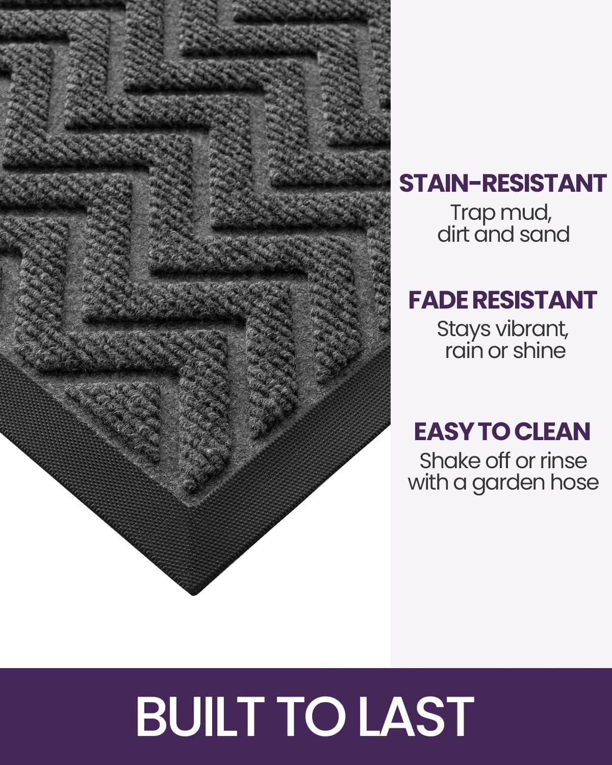 DEXI Heavy Duty Rubber Backed Doormat - 3x2 Feet Stain & Fade Resistant Low-Profile Entrance Mat - Chevron Dark Grey for Front Door, Outside Entryway - Perfect for Home, Office & High Traffic Areas