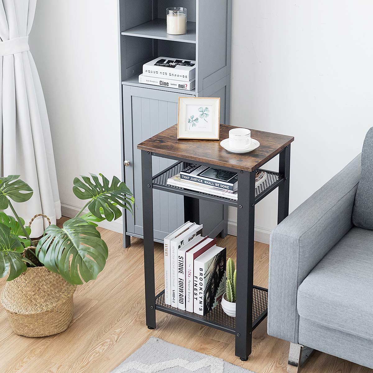 Safeplus Modern End Table - 2 Tier & 3 Tier Side Table with Metal Mesh Storage Shelves, Industrial Nightstand for Living Room & Bedroom - Perfect for Small Spaces, Apartment Decor & Coffee Table Alternative