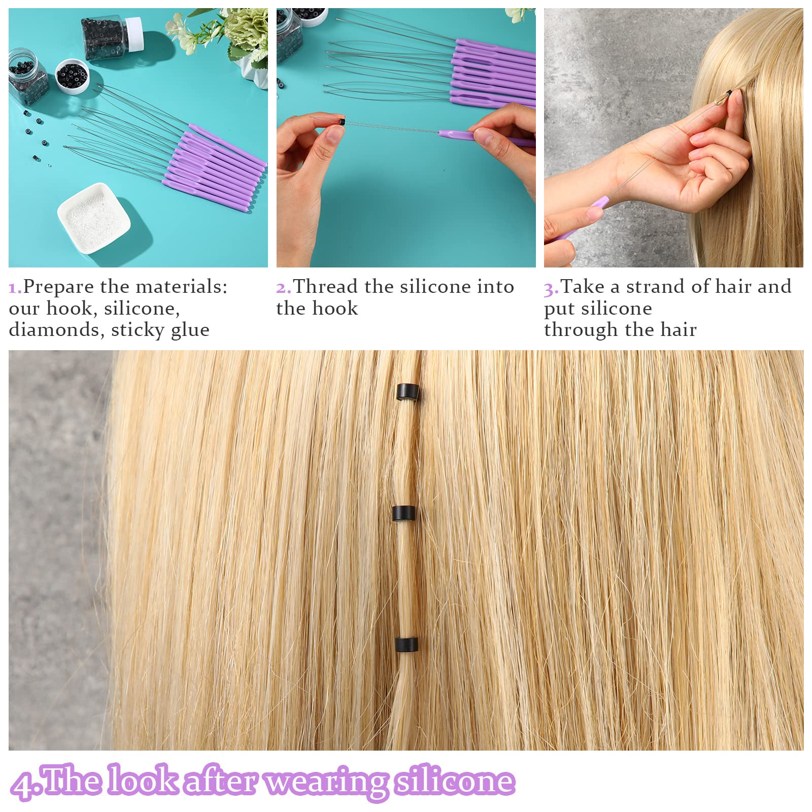 10 Pieces Hair Extension Loop Needle Threader & Bead Tool Set - Purple | Professional Hair & Feather Extension Hook for Easy Installation | Perfect for Salons, DIY Styling & Cosplay Accessories