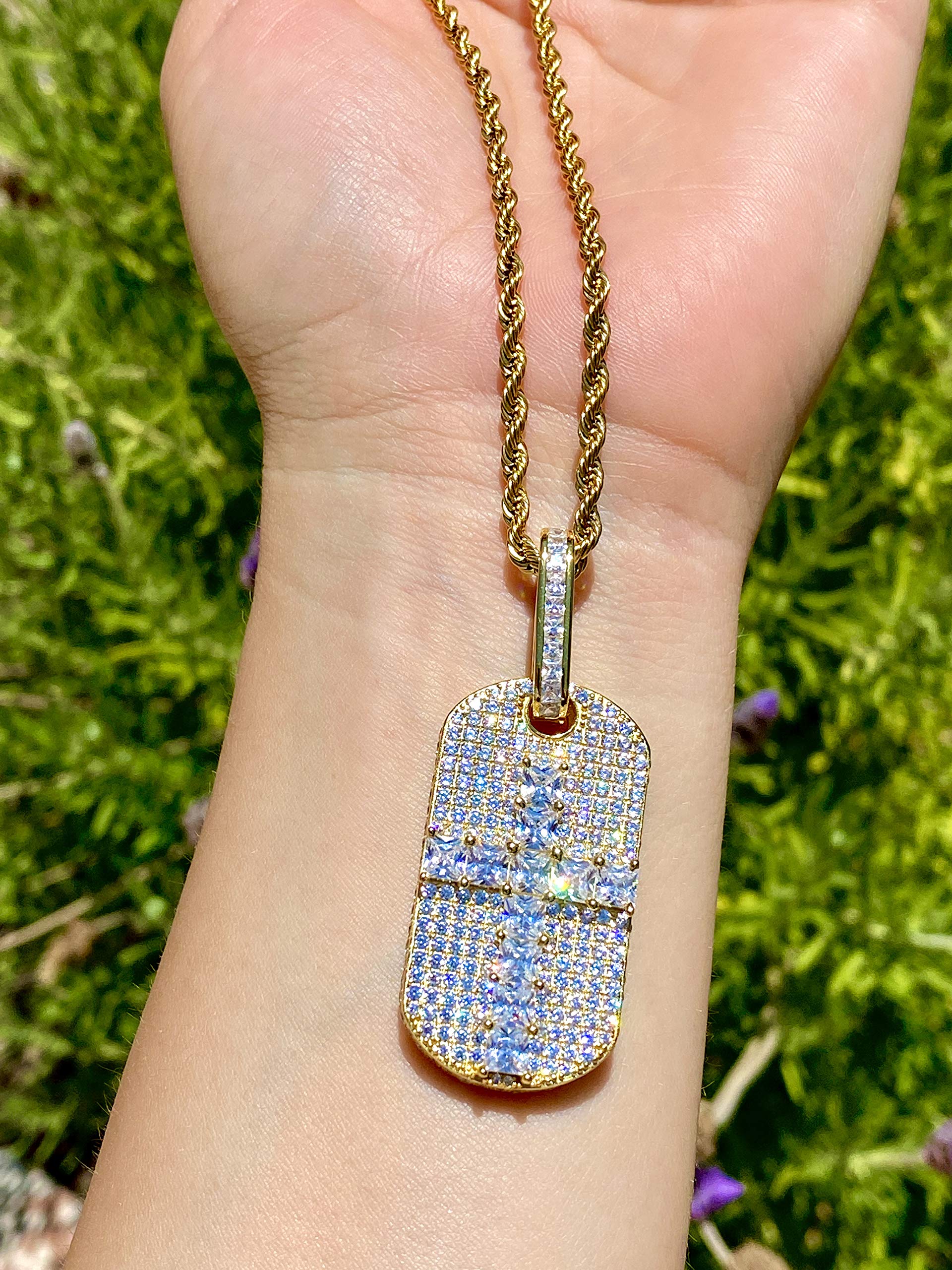 925 Sterling Silver Iced Out Baguette Cross Dog Tag Pendant with 2mm Stainless Steel Rope Chain Necklace (16