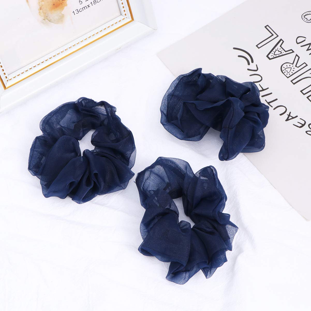 Solustre 5-Pack Navy Blue Chiffon Hair Scrunchies - Soft Silk Ponytail Holders & Hair Bows for Women - Perfect for Work, Gym, and Everyday Styling