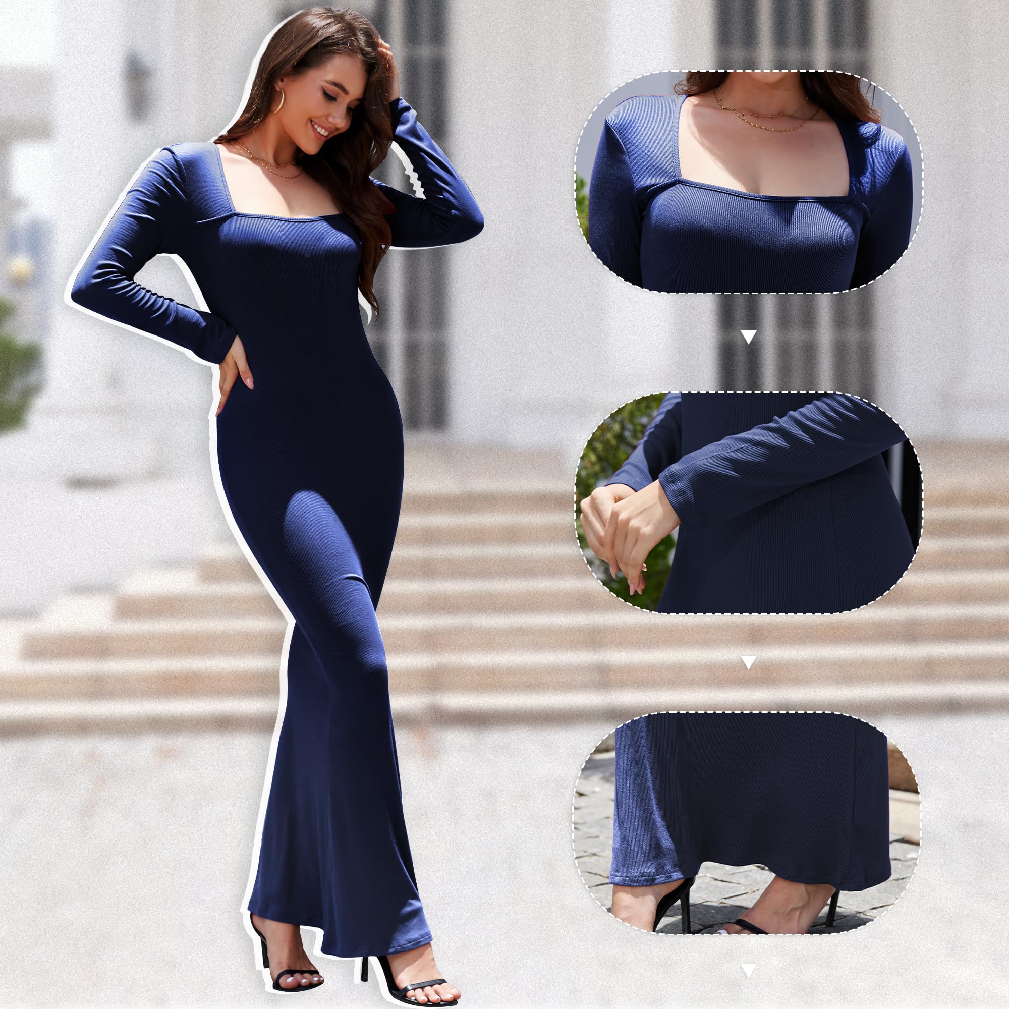 Elegant Women's Square Neck Long Sleeve Ribbed Knit Bodycon Maxi Dress for Evening Party & Casual Wear | 2025 Spring Fashion | Perfect for Date Night, Cocktail Events & Office Attire