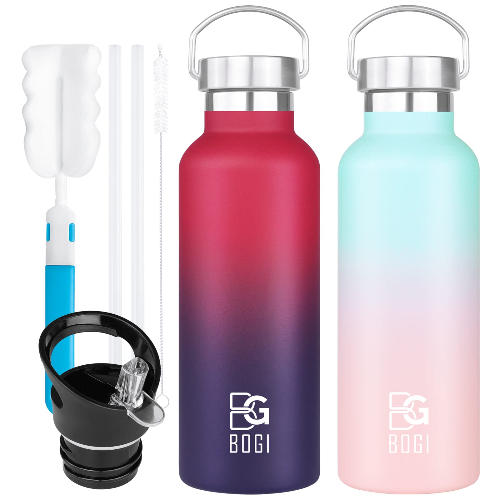BOGI 24oz Insulated Stainless Steel Water Bottle - 2 Pack Wide Mouth Leakproof Metal Bottles with Straw & Handle, BPA Free for School, Gym, Hiking, Camping & Outdoor Activities - Keeps Drinks Cold for 24 Hours & Hot for 12 Hours