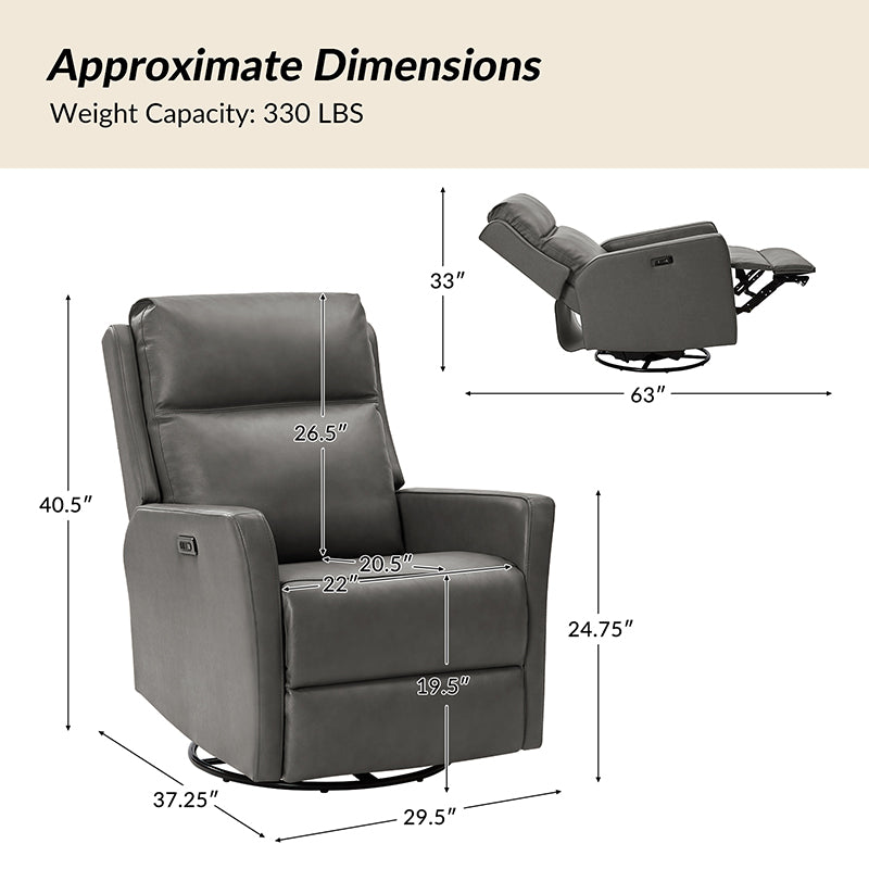 Paula Transitional Power Recliner with USB Charging Ports - Modern Electric Reclining Chair with Lumbar Support for Living Room, Home Theater & Office - Comfortable Leather Lounge Chair with Power Headrest & Cup Holder