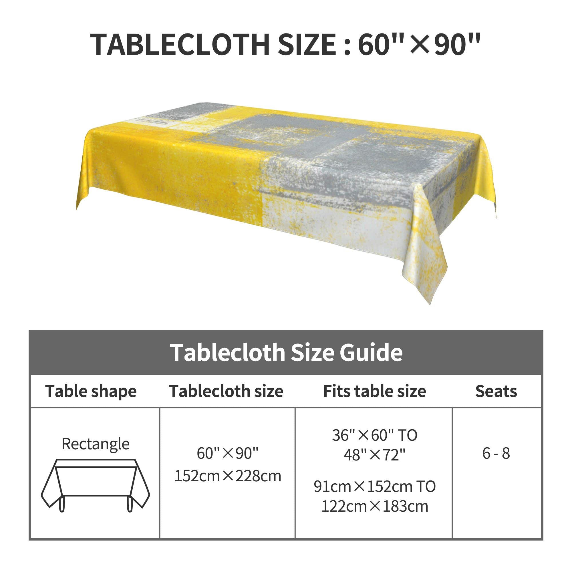 Yellow and Gray Abstract Washable Tablecloth 60x90 Inch - Durable Kitchen Dining Room Table Cover for Home Decor, Parties, and Outdoor Events