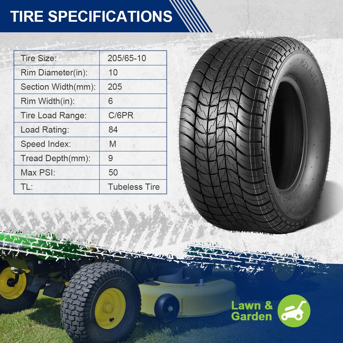 MaxAuto 20.5x8-10 & 205/65-10 Golf Cart Trailer Tires - 6PR/Ply Load Range C (Set of 2) - Durable All-Terrain Tires for Golf Carts, Utility Trailers & Lawn Equipment - Perfect for Golf Courses, Camping & Farm Use