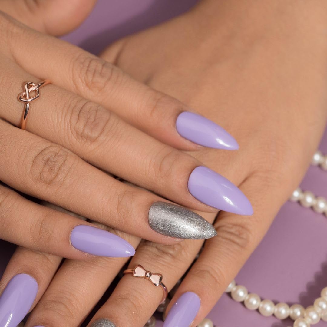 Premium Fake Press-On Nails - Purple with Silver Glitter Set of 20 | Reusable Full Coverage UV Gel Coated Artificial Nails | Easy to Use & Time-Saving | Perfect for Parties, Weddings, Date Nights & Daily Wear | NailKnack® Stick-On Nail Extensions for Both Hands