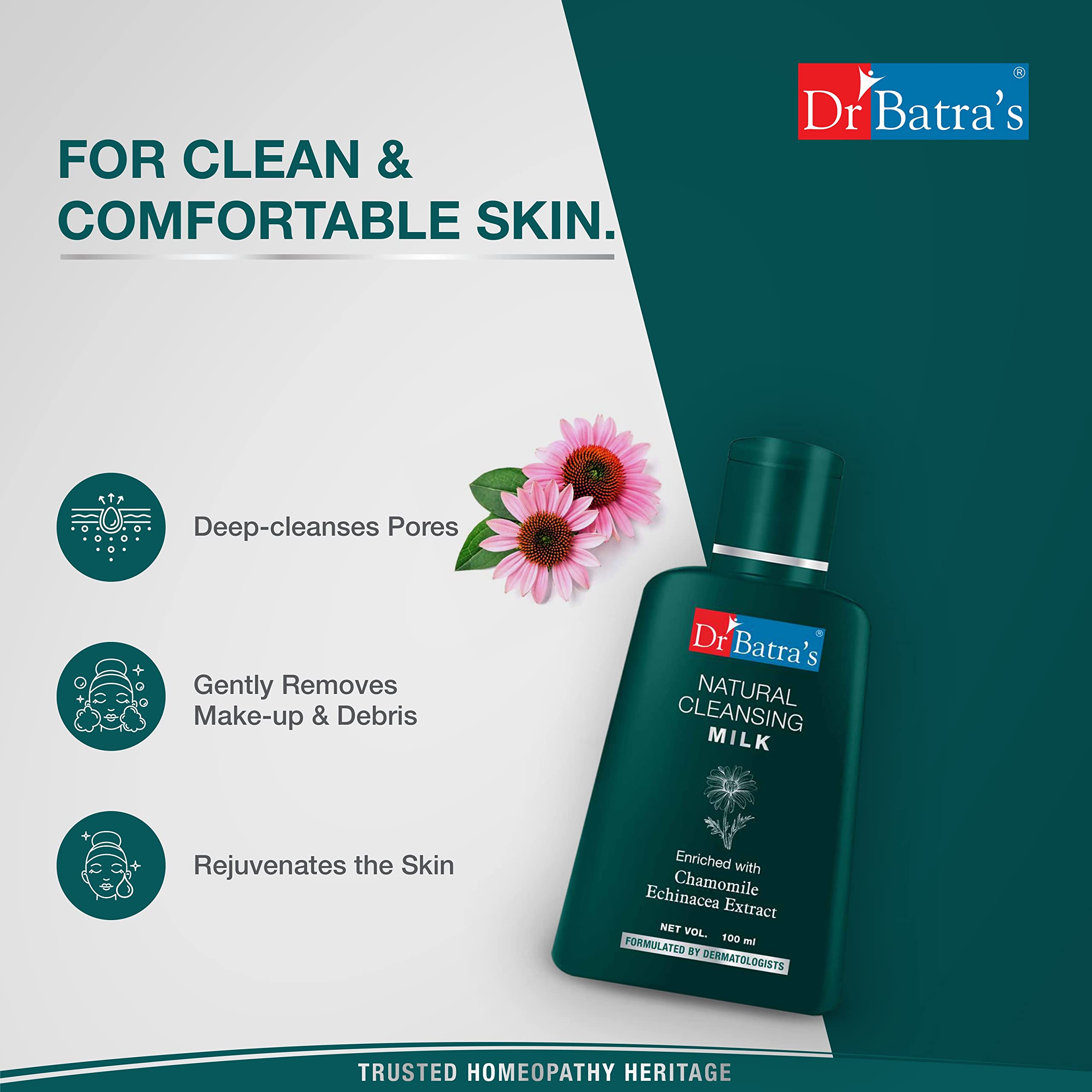 Dr Batra's Natural Cleansing Milk - 100ml | Gentle Face Wash for All Skin Types | Perfect for Daily Skincare Routine & Makeup Removal