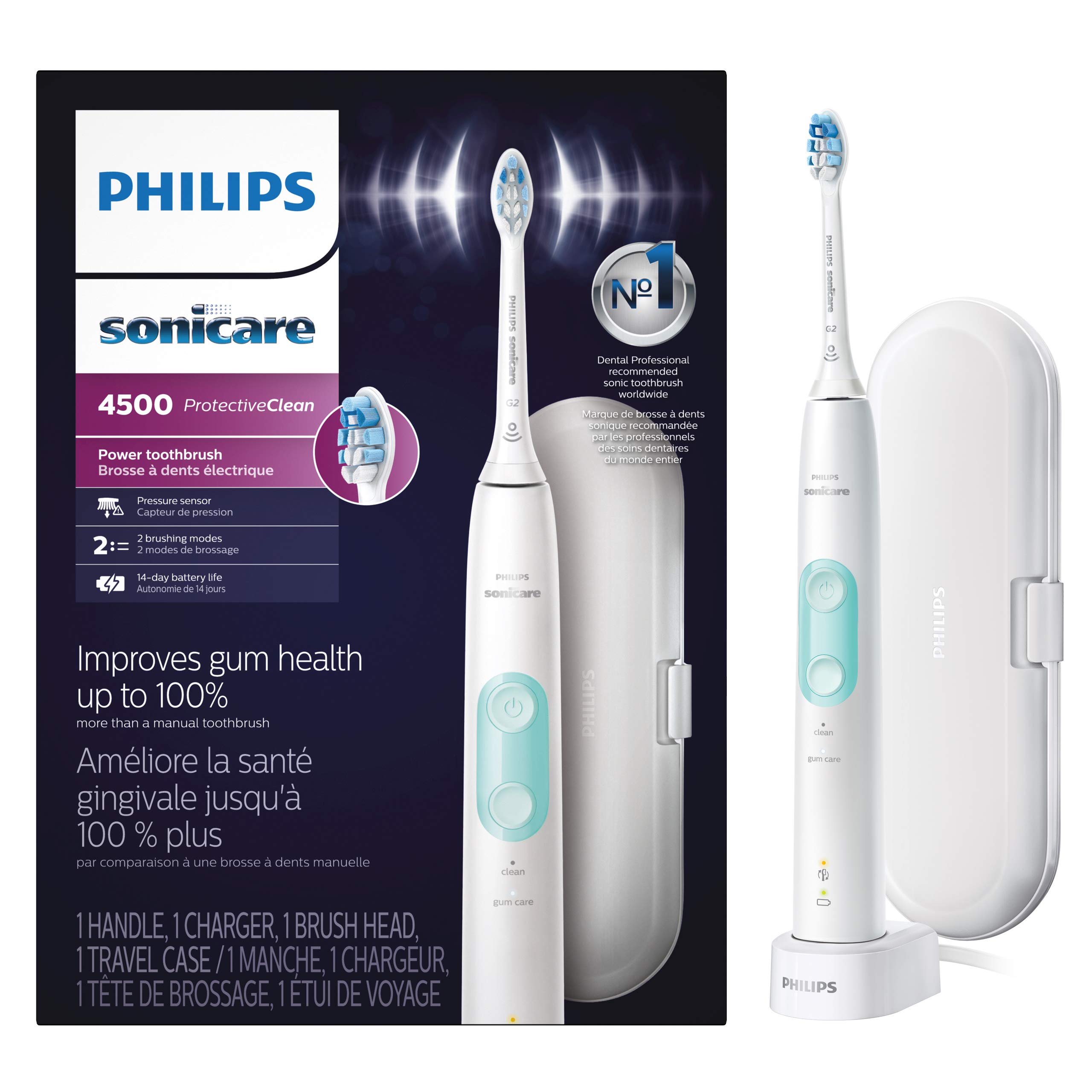 PHILIPS Sonicare 4500 Electric Toothbrush HX6827/11 - Rechargeable Sonic Toothbrush with Pressure Sensor & 2 Brush Heads - Perfect for Travel & Daily Oral Care