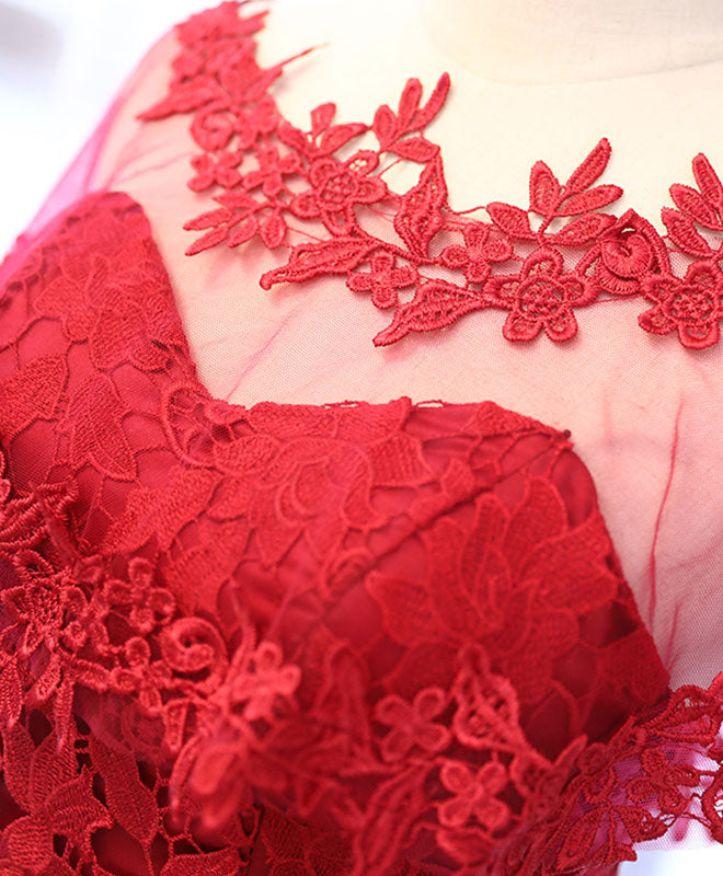 Elegant Red Round Neck Lace Tulle Short Prom Dress for Homecoming, Party & Special Occasions - Women's Formal Cocktail Attire