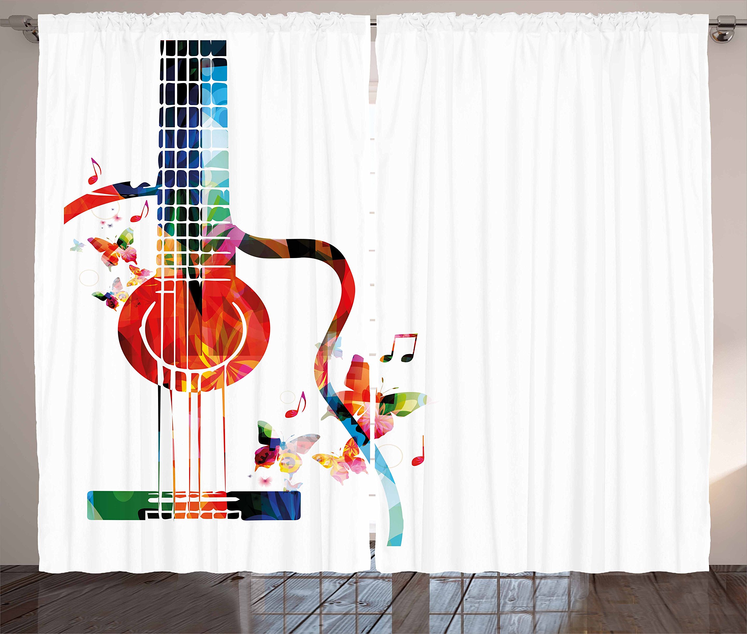 Ambesonne Guitar Print Curtains - Colorful Polygonal Musical Instrument & Butterfly Design, Nature Themed Window Drapes for Living Room & Bedroom - 2 Panel Set, 108