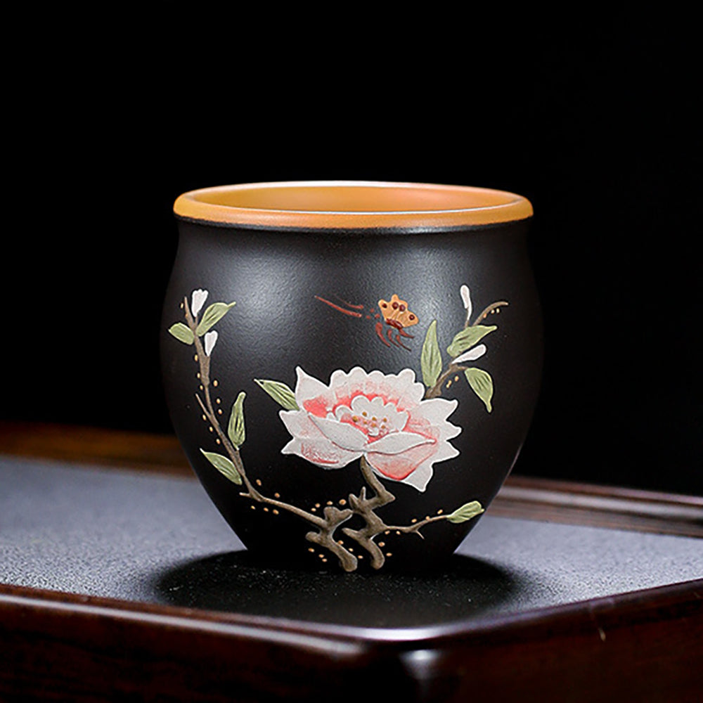 Handmade Purple Clay Tea Cups Set of 4 - Floral Mud Painted Ceramic Tea Mugs for Chinese Gongfu Tea, Herbal Tea & Daily Use - Perfect Gift for Tea Lovers & Home Decor