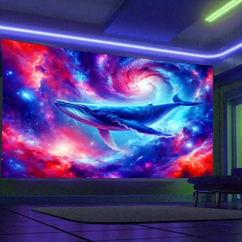 Galaxy Whale UV Glow Tapestry Wall Art - Psychedelic Blacklight Poster for Bedroom, Living Room & Dorm Decor - Glow in The Dark Space Themed Room Decor