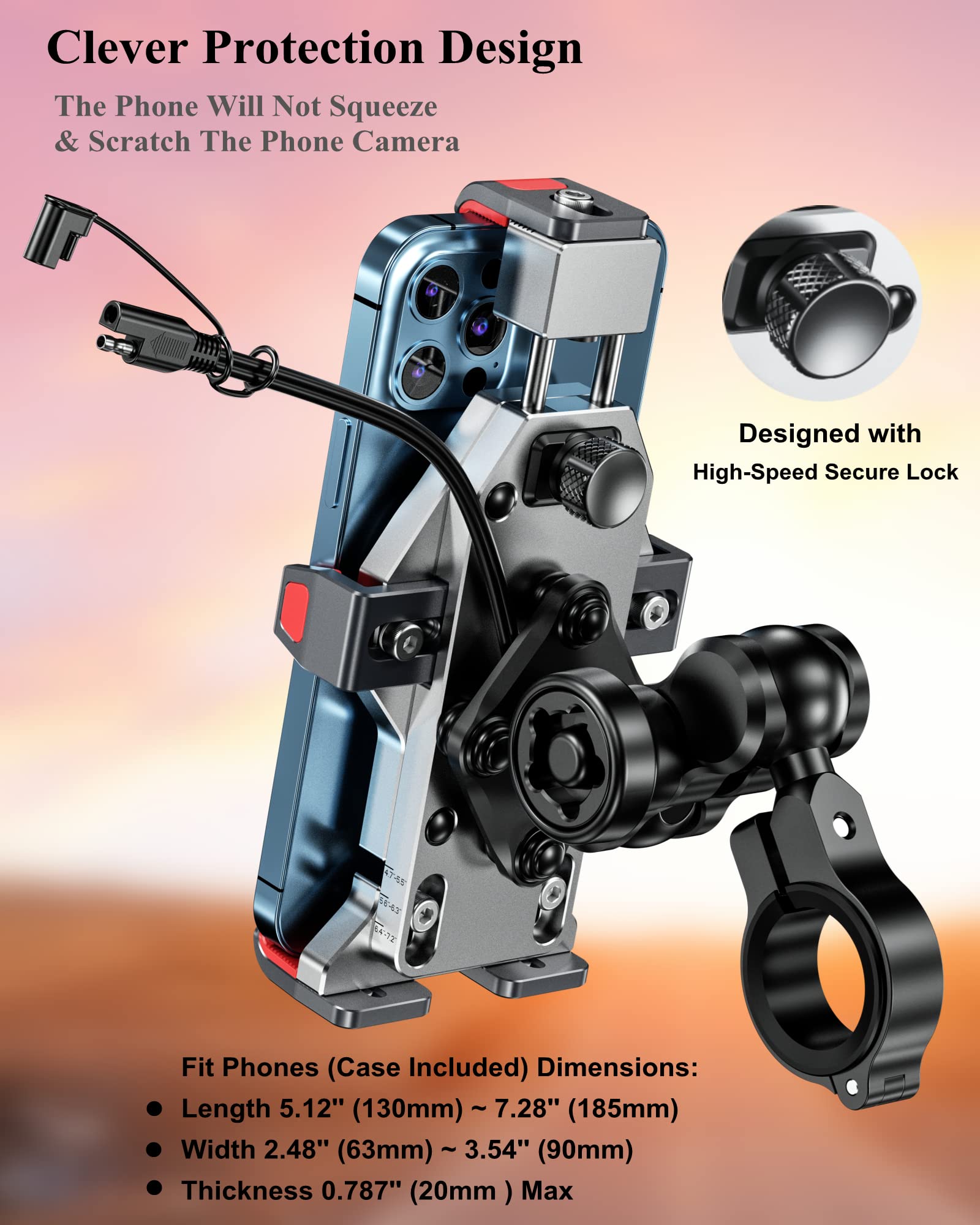BRCOVAN Motorcycle Phone Mount with 15W Qi Wireless Charger & Vibration Dampener - Aluminum Alloy Anti-Theft Waterproof Handlebar Smartphone Holder for 4.7