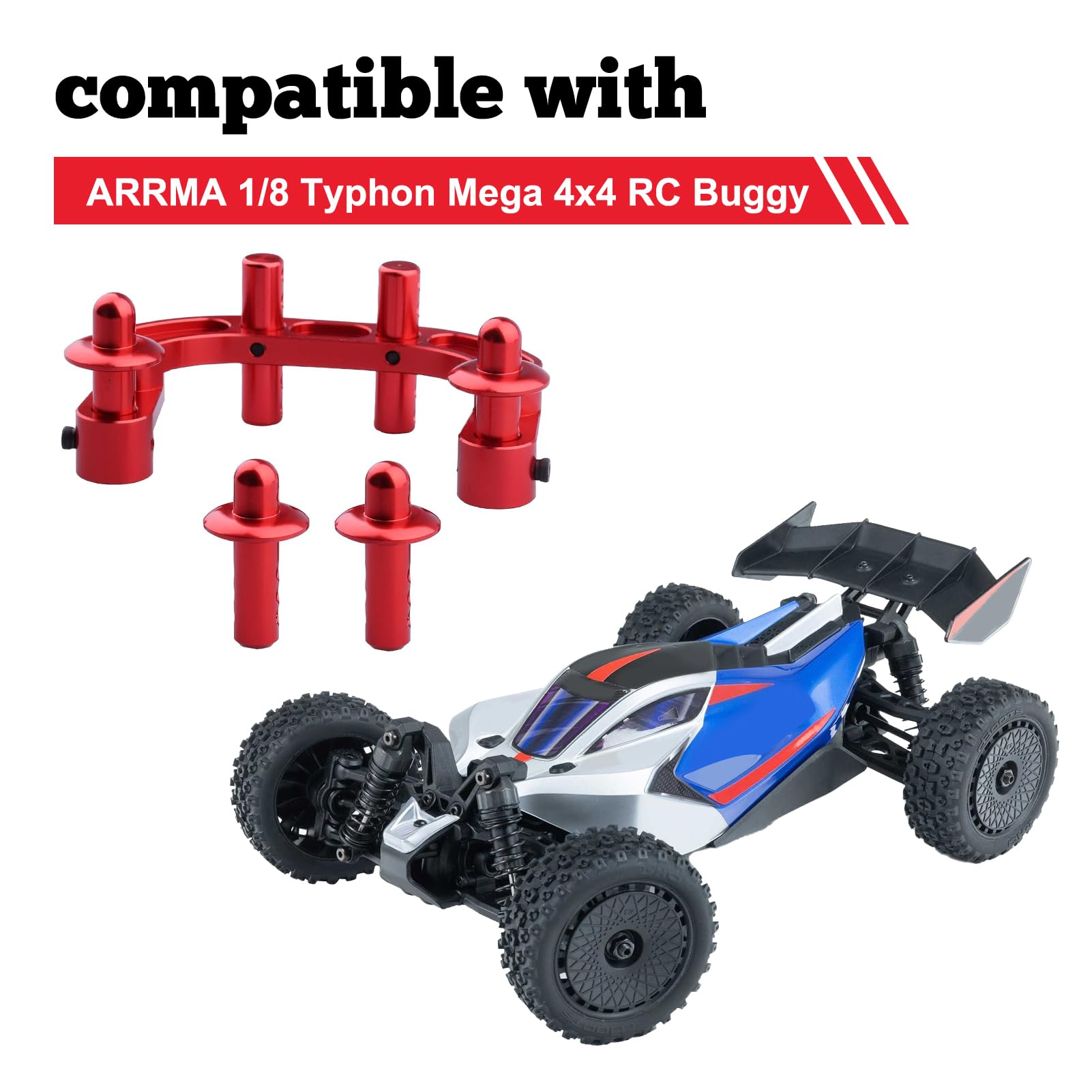 ARRMA 1/8 Typhon Mega 4x4 RC Buggy Aluminum Rear & Front Body Post Mount Set (Red) - Durable Upgrade Parts for Off-Road Bashing & Racing