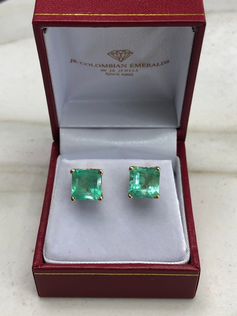 5.70tcw Natural Colombian Emerald Asscher Cut Stud Earrings in 18K Gold - May Birthstone Jewelry for Women, Perfect Gift for Mother's Day & Anniversary