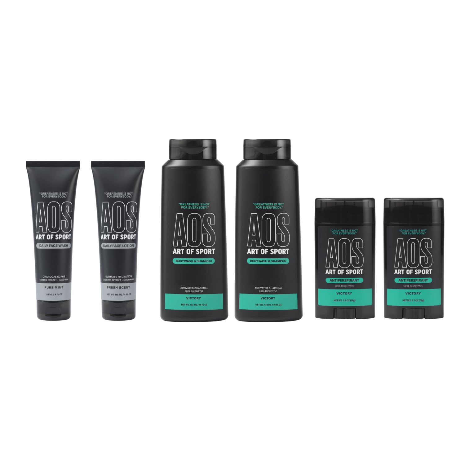 Art of Sport Men's Skincare Bundle: Daily Face Wash & Lotion (4oz) + 2-in-1 Charcoal Body Wash & Shampoo + Aluminum-Free Antiperspirant Deodorant - Victory Scent | Gym, Workout & Post-Game Recovery Essentials