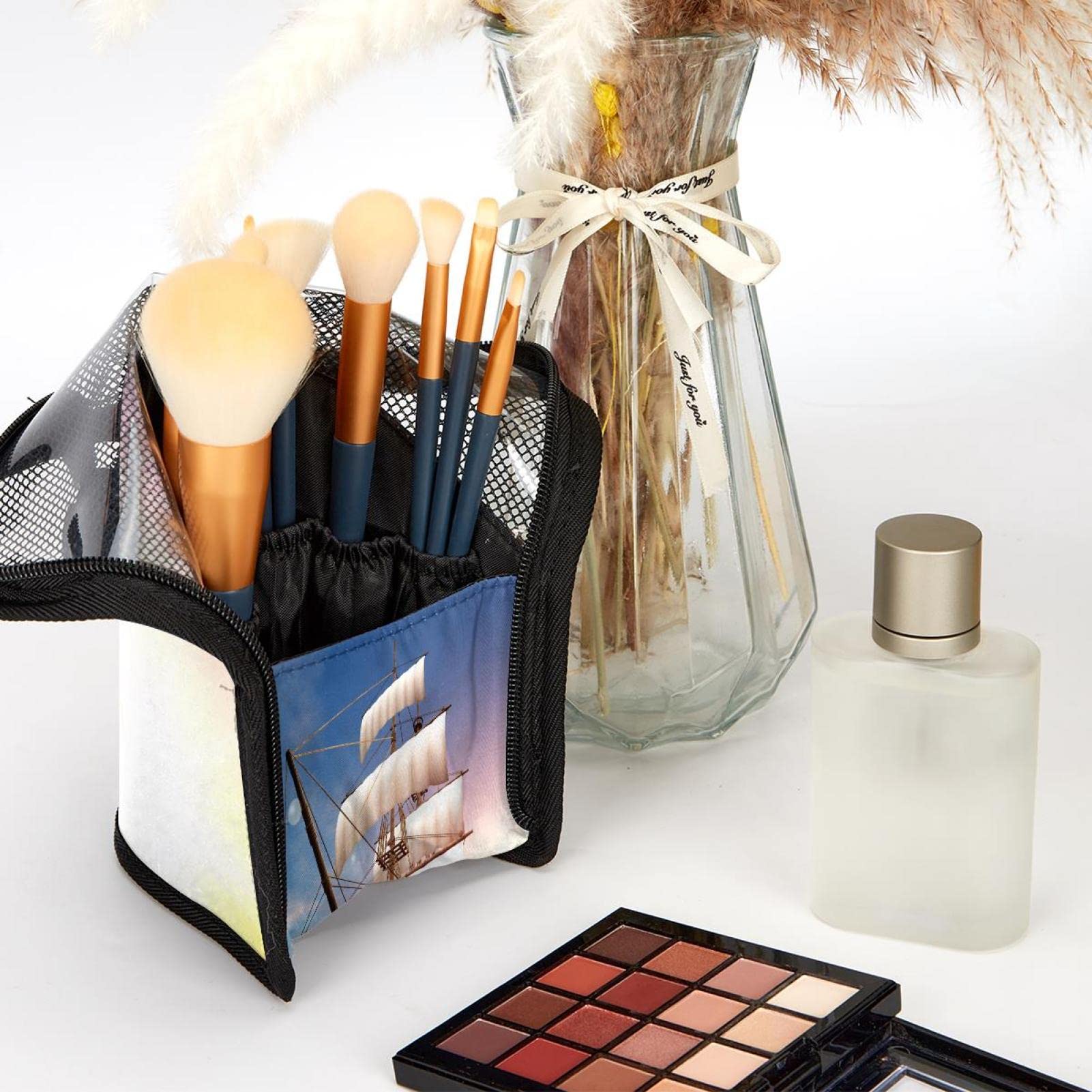**12-Piece Makeup Brush Organizer Bag with Sea Sunrise Ocean Sailboat Design - Portable Waterproof Cosmetic Brush Holder Case for Travel, Home & Professional Makeup Artists**