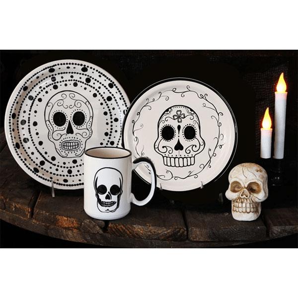 3-Piece White & Black Day of the Dead Dinnerware Set - Perfect for Halloween, Dia de los Muertos Celebrations & Themed Parties