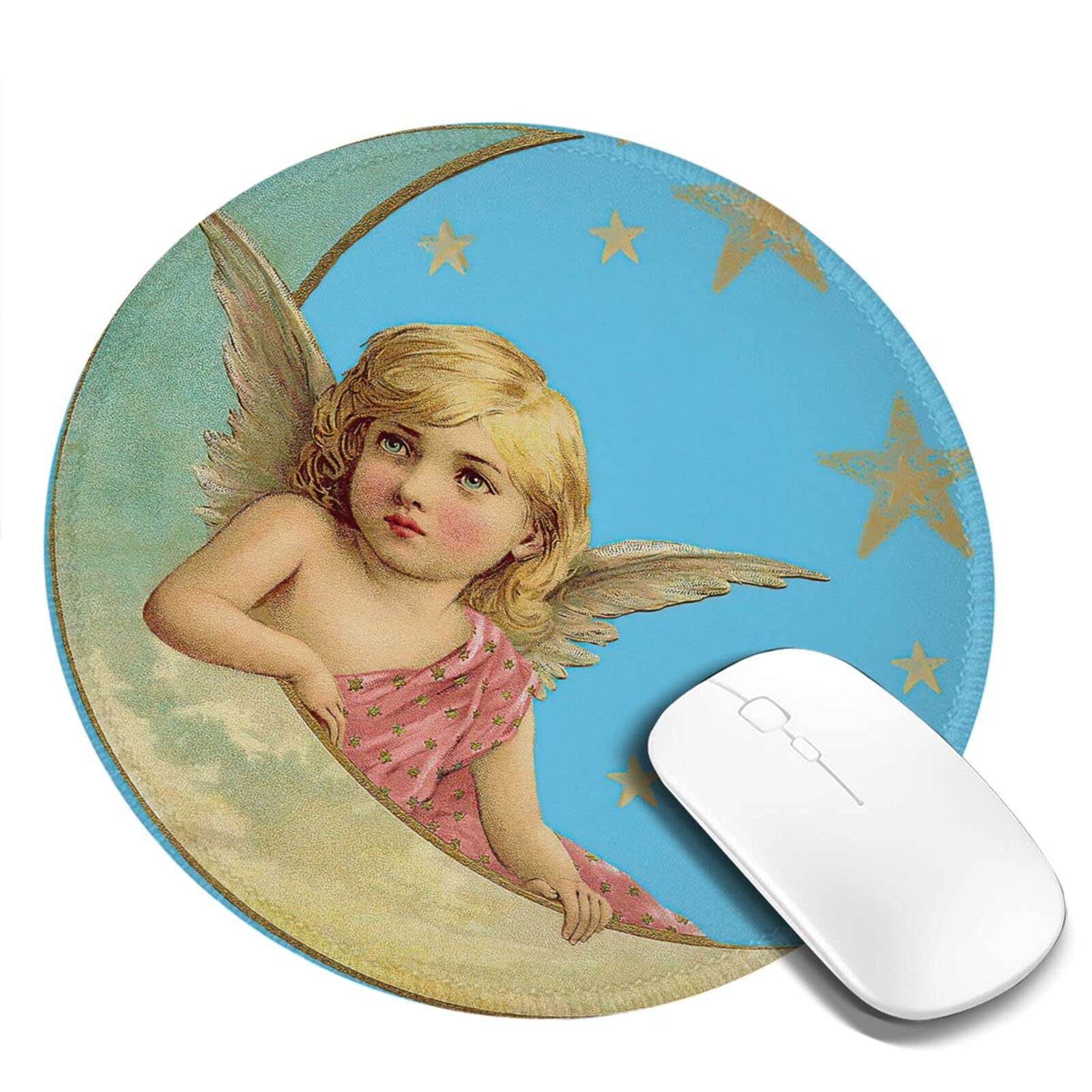 Angel Moon Round Mouse Pad - Non-Slip Rubber Base Gaming Mousepad with Stitched Edge, 7.9x7.9 Inches, Portable for Laptop, PC, Home Office & Travel - Perfect for Work, Gaming & Decor