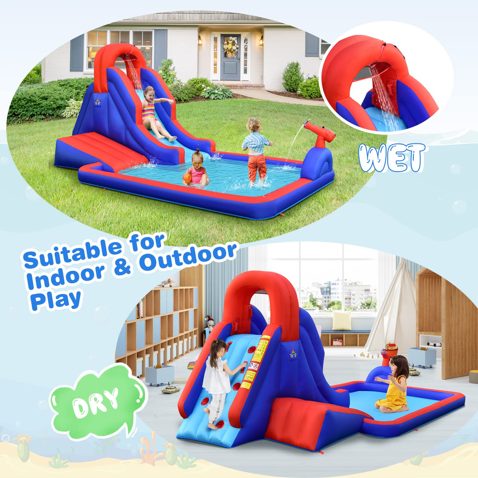 BOUNTECH Inflatable Water Slide for Kids - Outdoor Surfing Waterslide Bouncer Park with Large Splash Pool & 2 Swimming Rings - Fun Backyard Water Slides for Boys and Girls - Perfect for Summer Parties, Birthday Gifts & Outdoor Family Activities