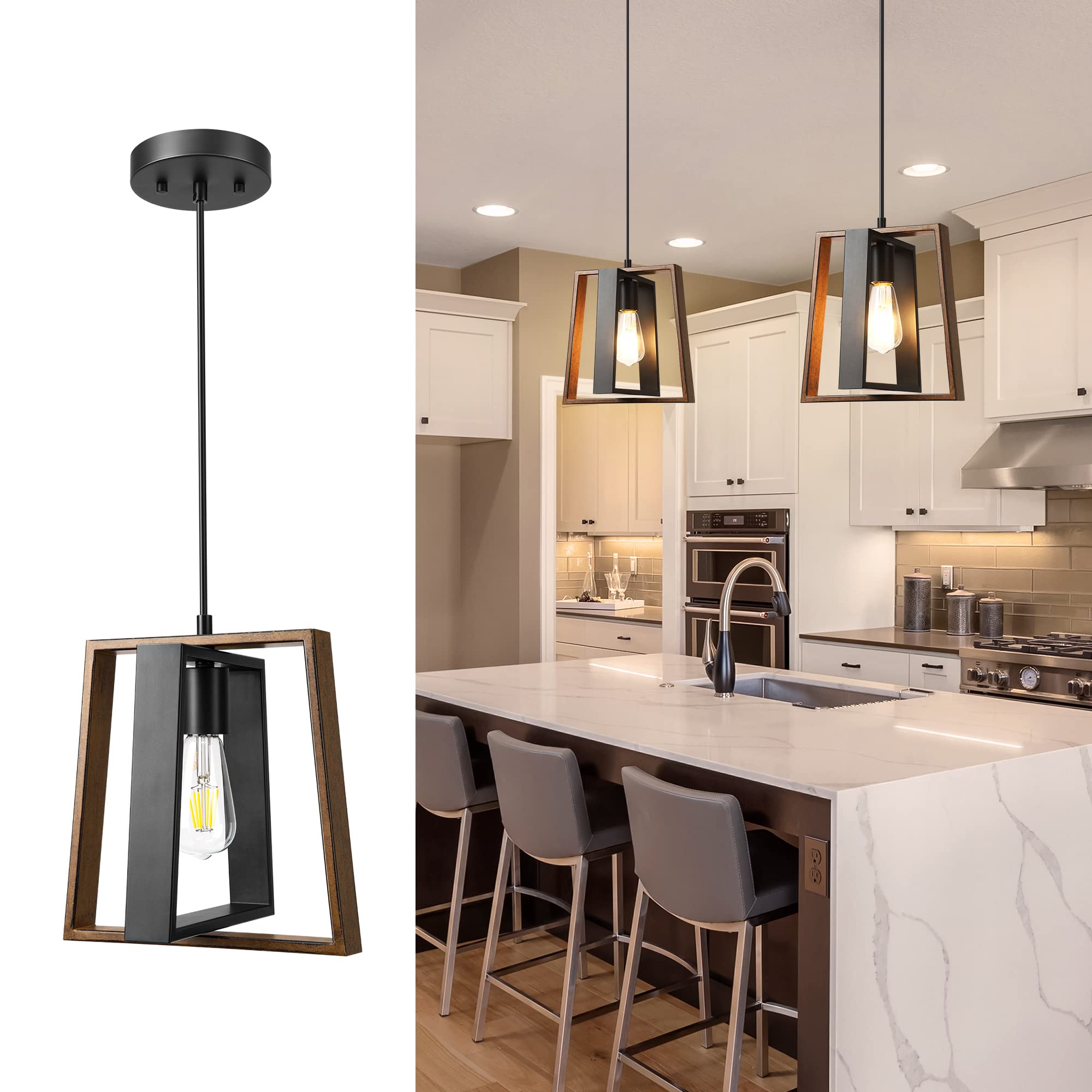 EDISHINE Black Wood Grain Adjustable Farmhouse Pendant Lights - Kitchen Island Lighting Fixture for Dining Room & Hallway | Rustic Home Decor, Dimmable Hanging Lights for Modern & Traditional Interiors