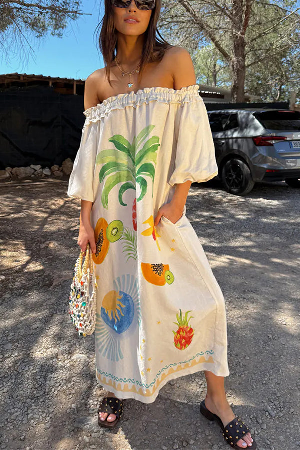 Sunveil Linen Blend Floral Print Puff Sleeve Strapless Maxi Dress with Pockets - Perfect for Beach Weddings, Summer Vacations & Boho Fashion