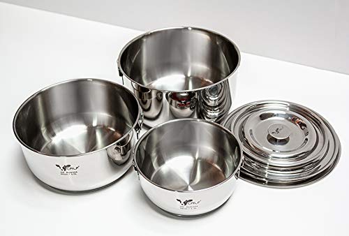BUFFALO 3-in-1 Stainless Steel Cooking Pot Set (6-Piece, 3.8L, Silver) - Perfect for Camping, RV Trips & Small Kitchen Cooking