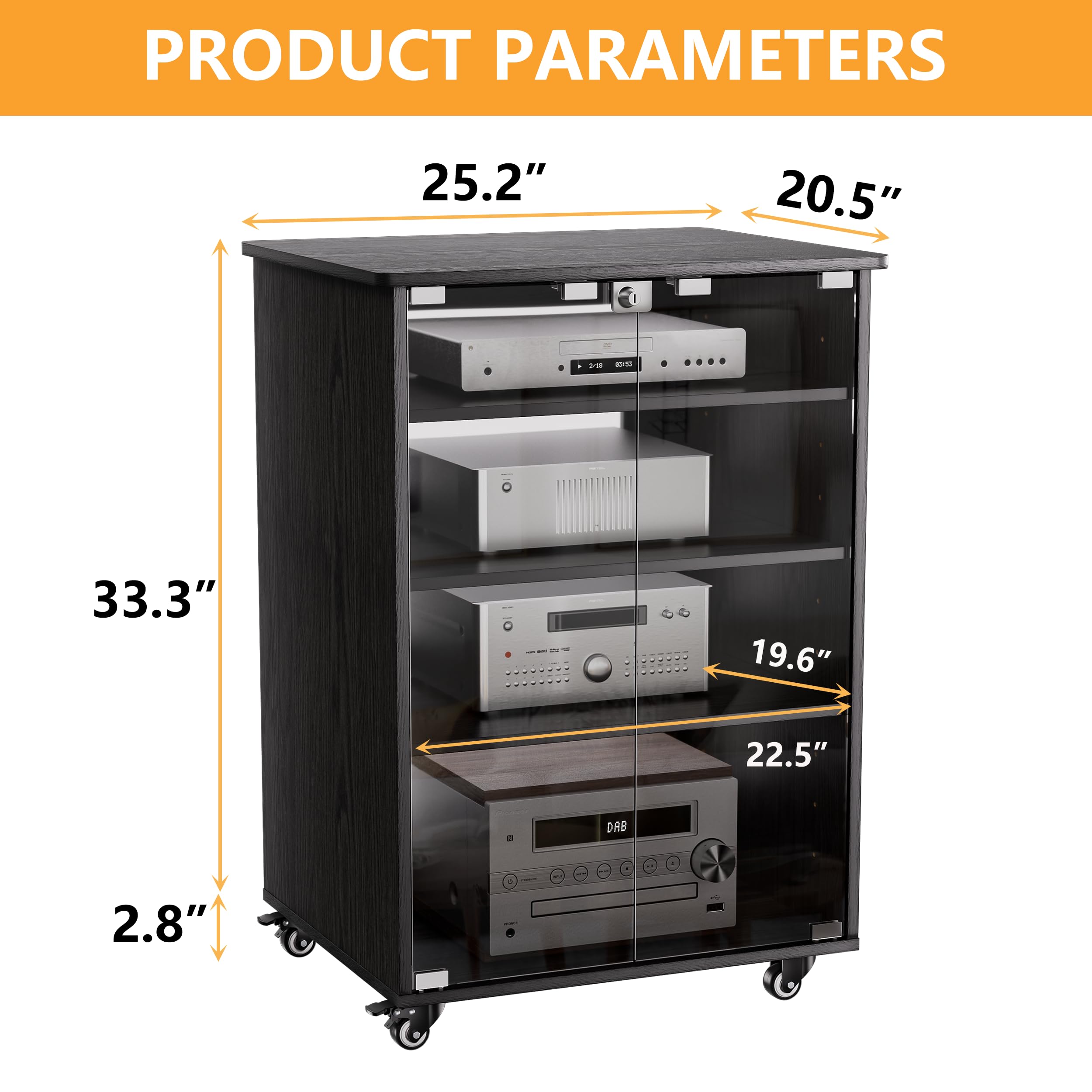 KCRET Adjustable Height Media Storage Cabinet - 4-Shelf Modern AV Stand with Glass Doors, Lock & Brake Wheels | Perfect for Living Room, Home Theater & Office Organization
