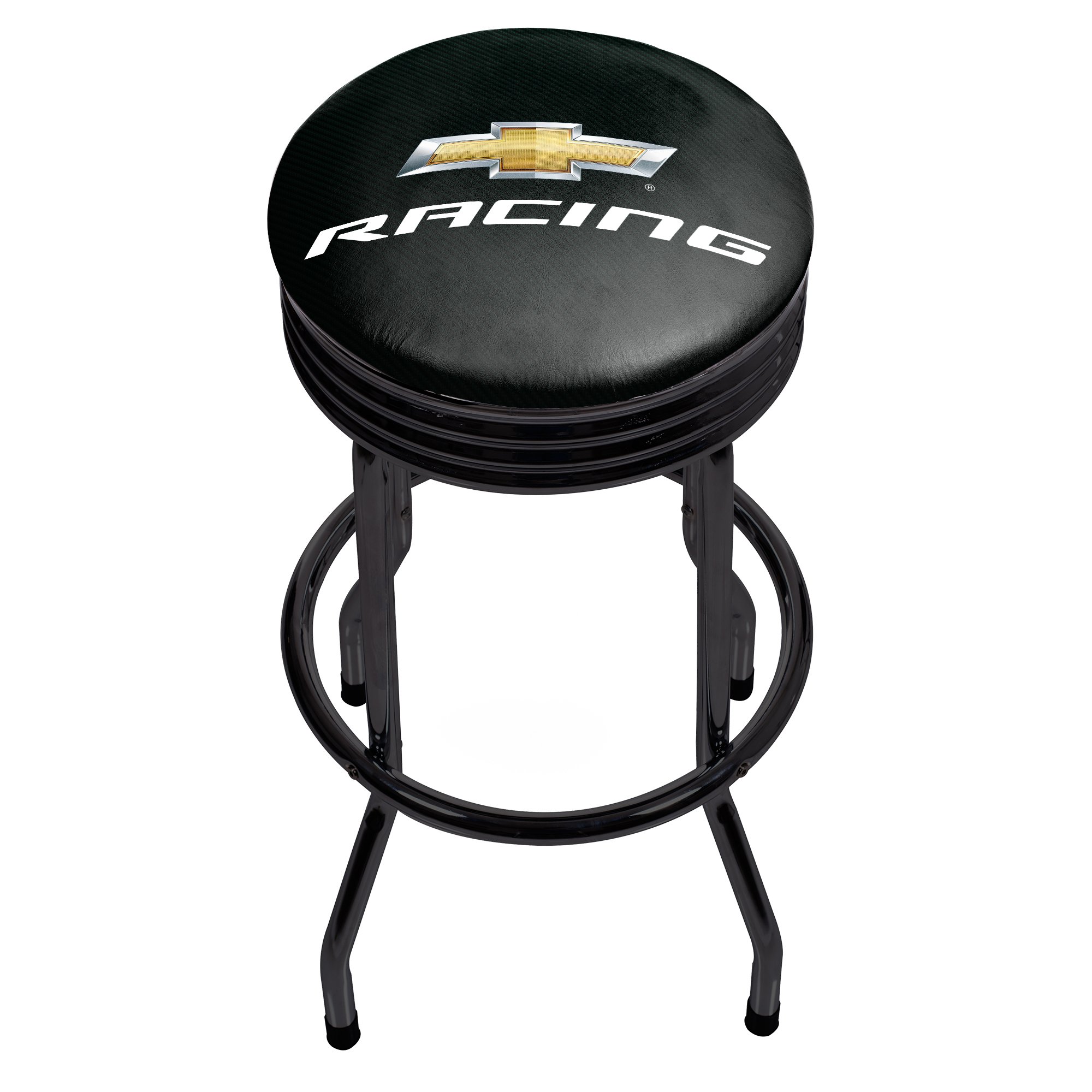 Chevrolet Chevy Racing Bar Stool - Retro Black Ribbed Swivel Stool for Game Room, Garage & Home Bar - High Back Pub Chair for Man Cave, Sports Lounge & Automotive Decor by Trademark Global
