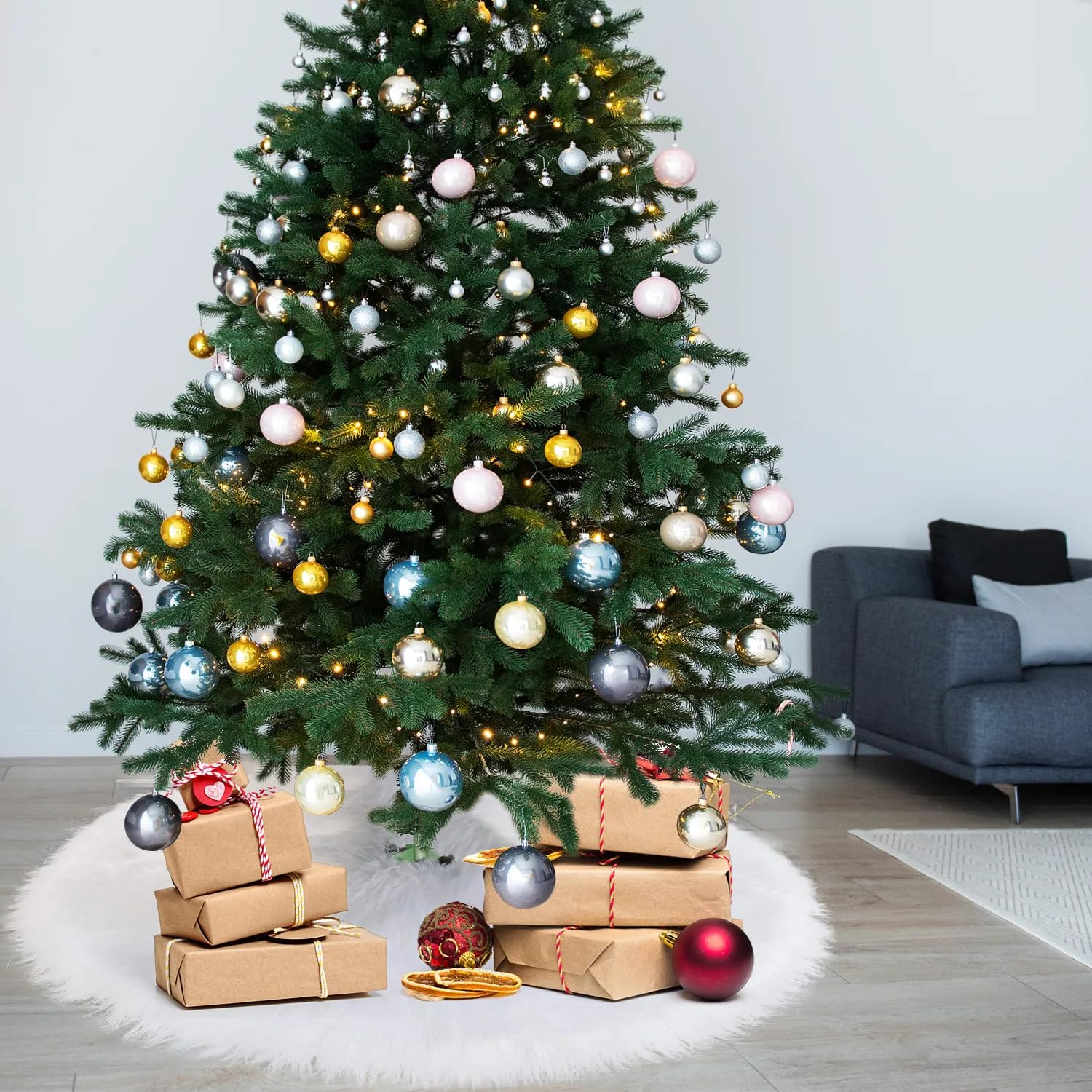 48 Inch Faux Fur Christmas Tree Skirt - Plush Holiday Decor for Xmas Party & Home Decorations | Perfect for Living Room, Bedroom, and Festive Gatherings
