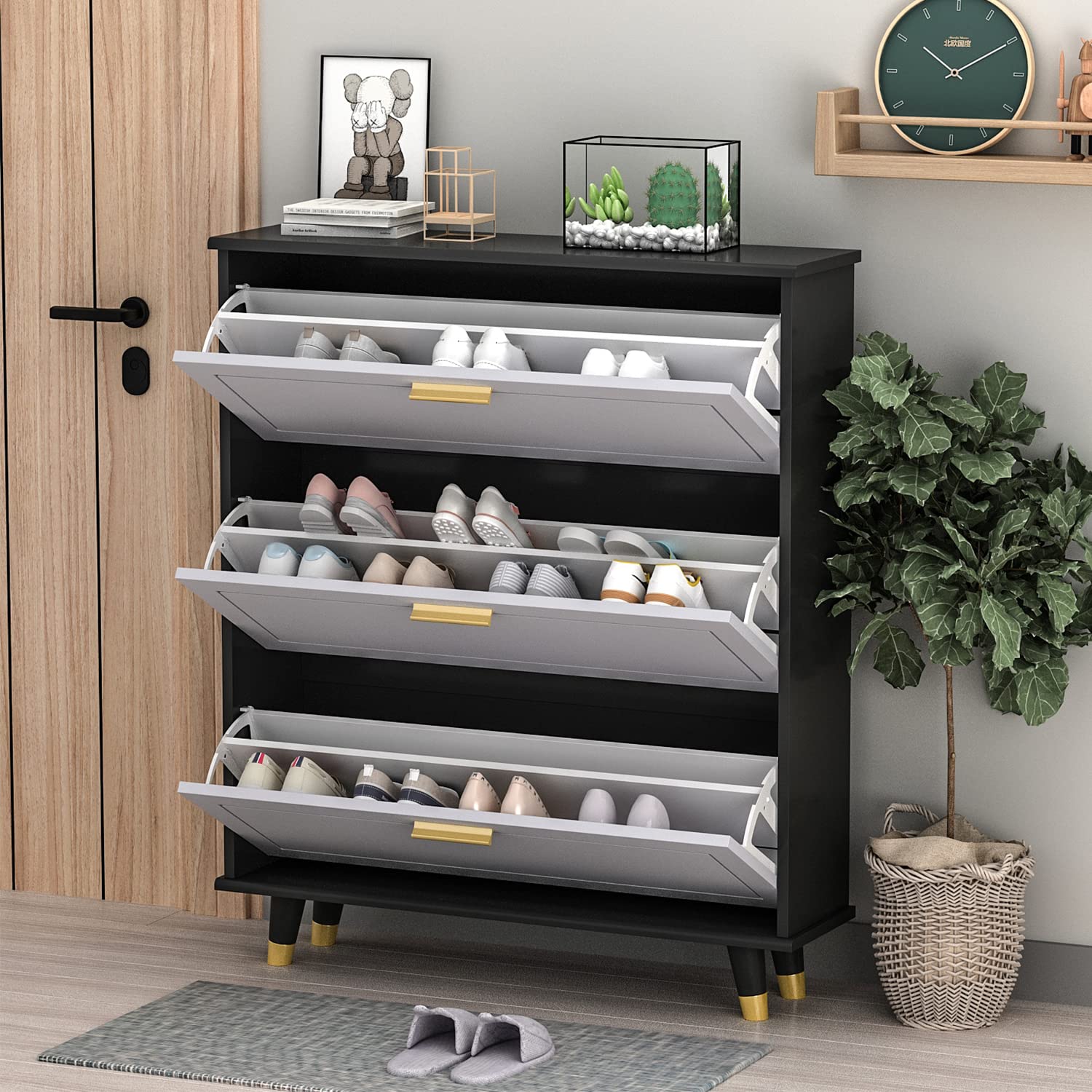 AIEGLE 3-Tier Flip Shoe Cabinet - Space Saving Entryway Shoe Storage Organizer, Wooden Shoe Rack for Hallway, Living Room, Bedroom - Grey (35.4
