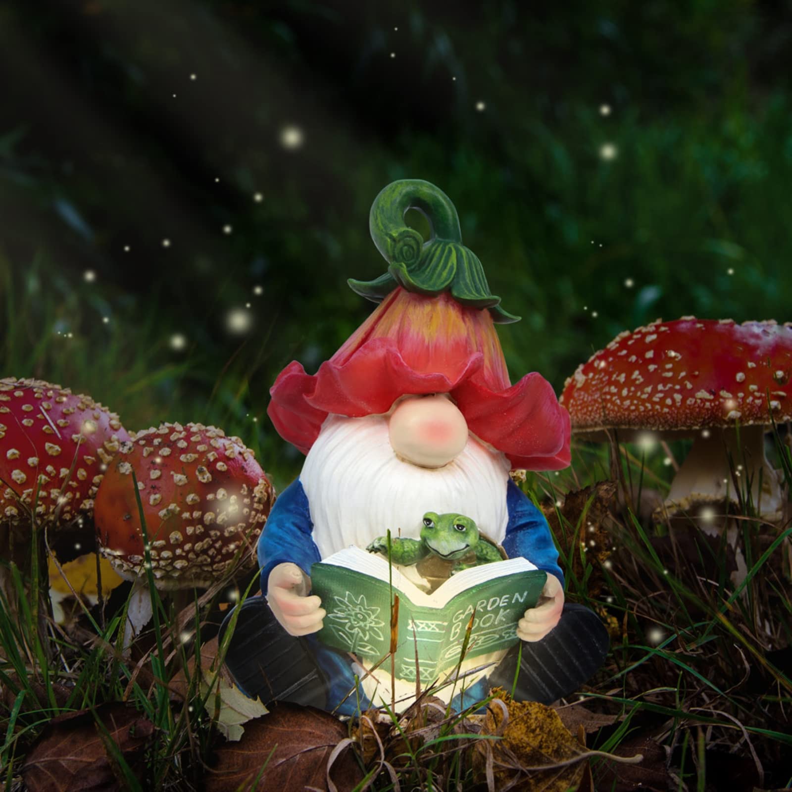Solar LED Garden Gnome Statue - Resin Gnome Figurine Hugging Turtle Reading Book, Outdoor Decor for Patio, Yard, Lawn & Porch - Perfect Summer Garden Ornament Gift for Nature Lovers & Book Enthusiasts