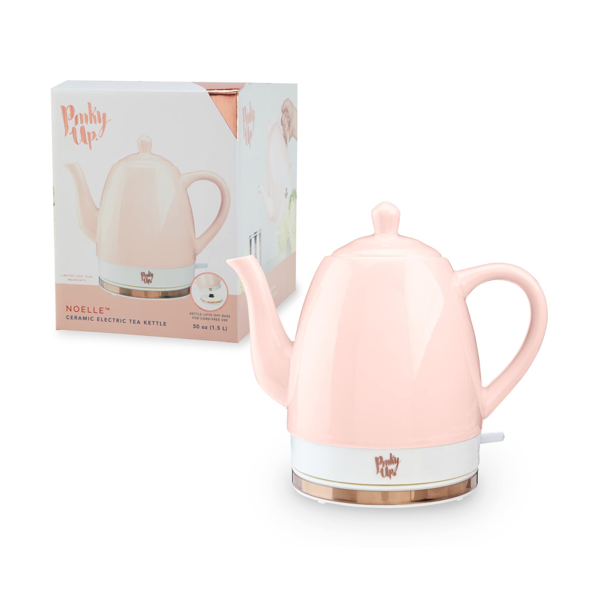 Pinky Up Noelle 1.5L Electric Gooseneck Kettle - Pink Ceramic Tea Kettle with Rose Gold Accents, Fast Boiling Water Heater for Pour Over Coffee, French Press & Loose Leaf Tea - Perfect for Home, Office & Coffee Shop Use