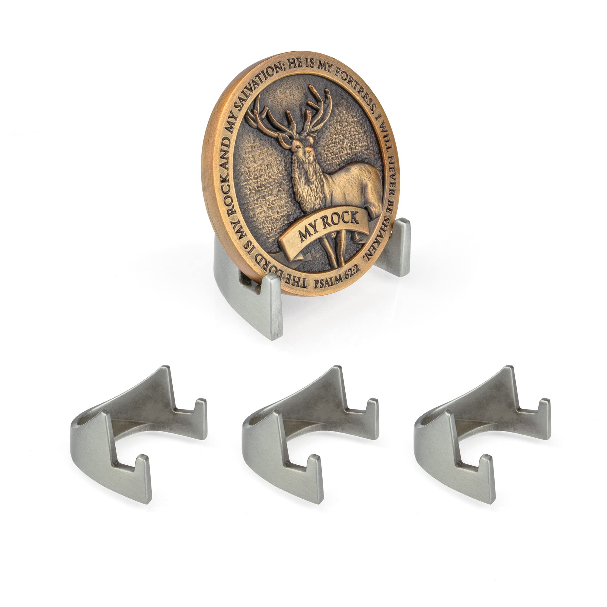 Matte Silver Challenge Coin Holder (3 Pack) - Military Coin Display Stand with Brushed Metallic Finish - Shelf Top Coin Holder for Veterans & Collectors - 5mm Half Easel Stand - Perfect for Displaying Medals, Tokens & Commemorative Coins in Offices, Man Caves or Collections