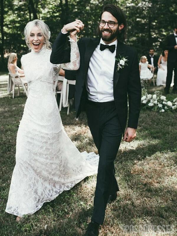 Elegant Long Sleeve High Neck Backless Lace Boho Wedding Dress - Mermaid Silhouette Gown WD704 for Beach, Garden & Vintage Themed Weddings