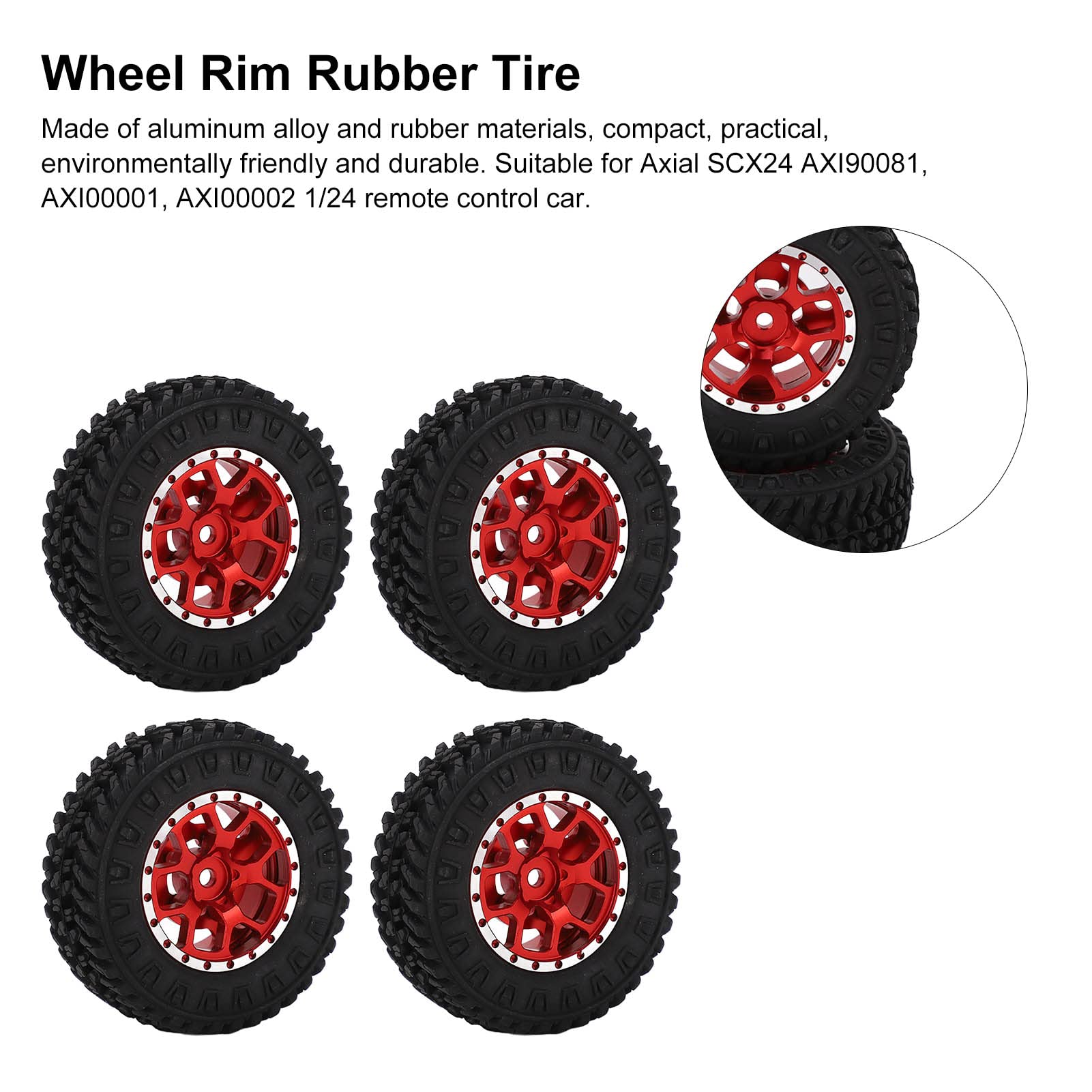 4pcs SCX24 1/24 RC Car Tires & Metal Wheel Rims - Red Rubber Upgrade Accessories for Off-Road Crawler RC Cars - Perfect for Trail, Rock Crawling and Indoor Racing