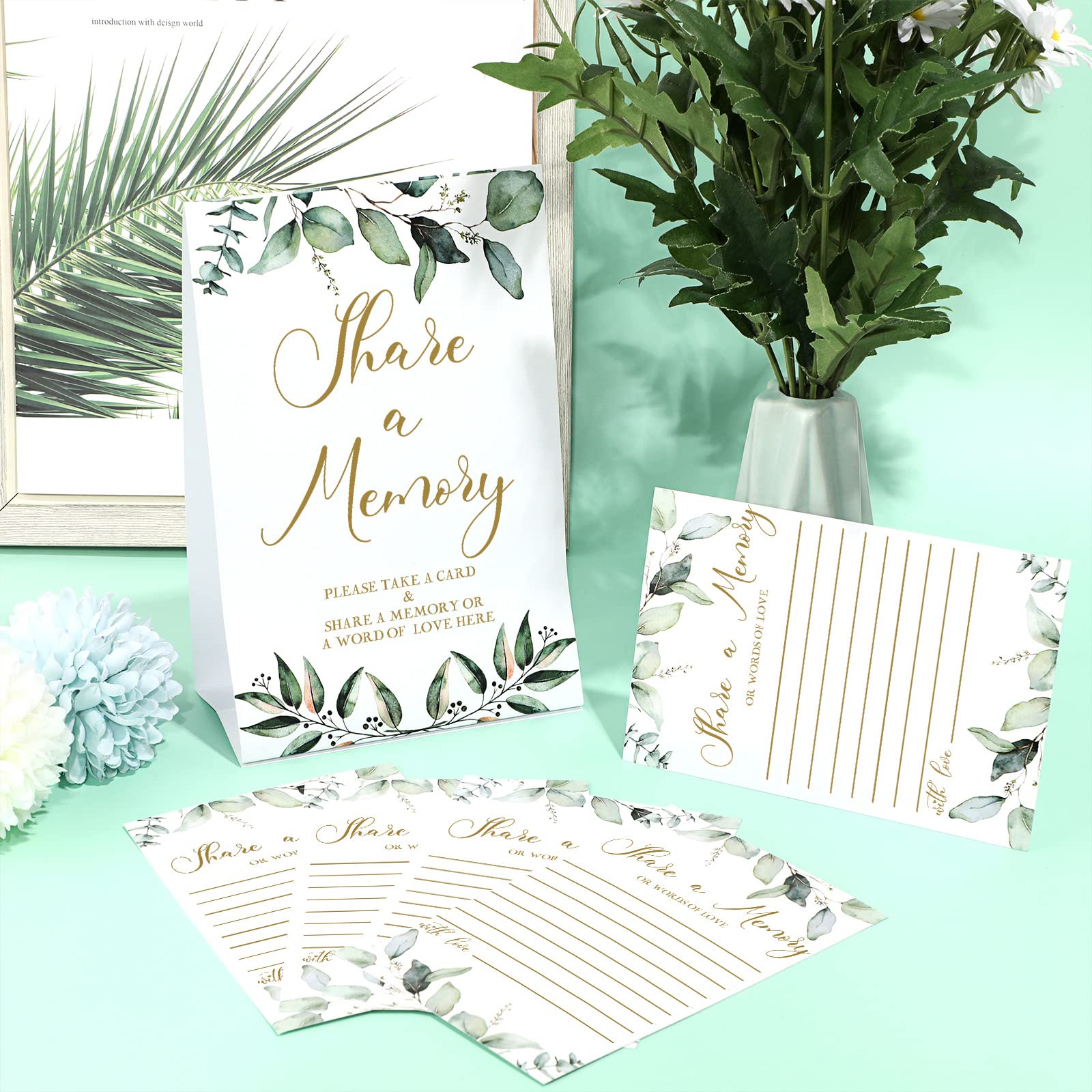 50 Pcs Elegant Greenery Eucalyptus Memory Cards & Seating Place Cards with Gold Font - Perfect for Funerals, Graduations, Weddings, Bridal Showers, Birthdays & Anniversaries - Create Lasting Memories for Special Occasions