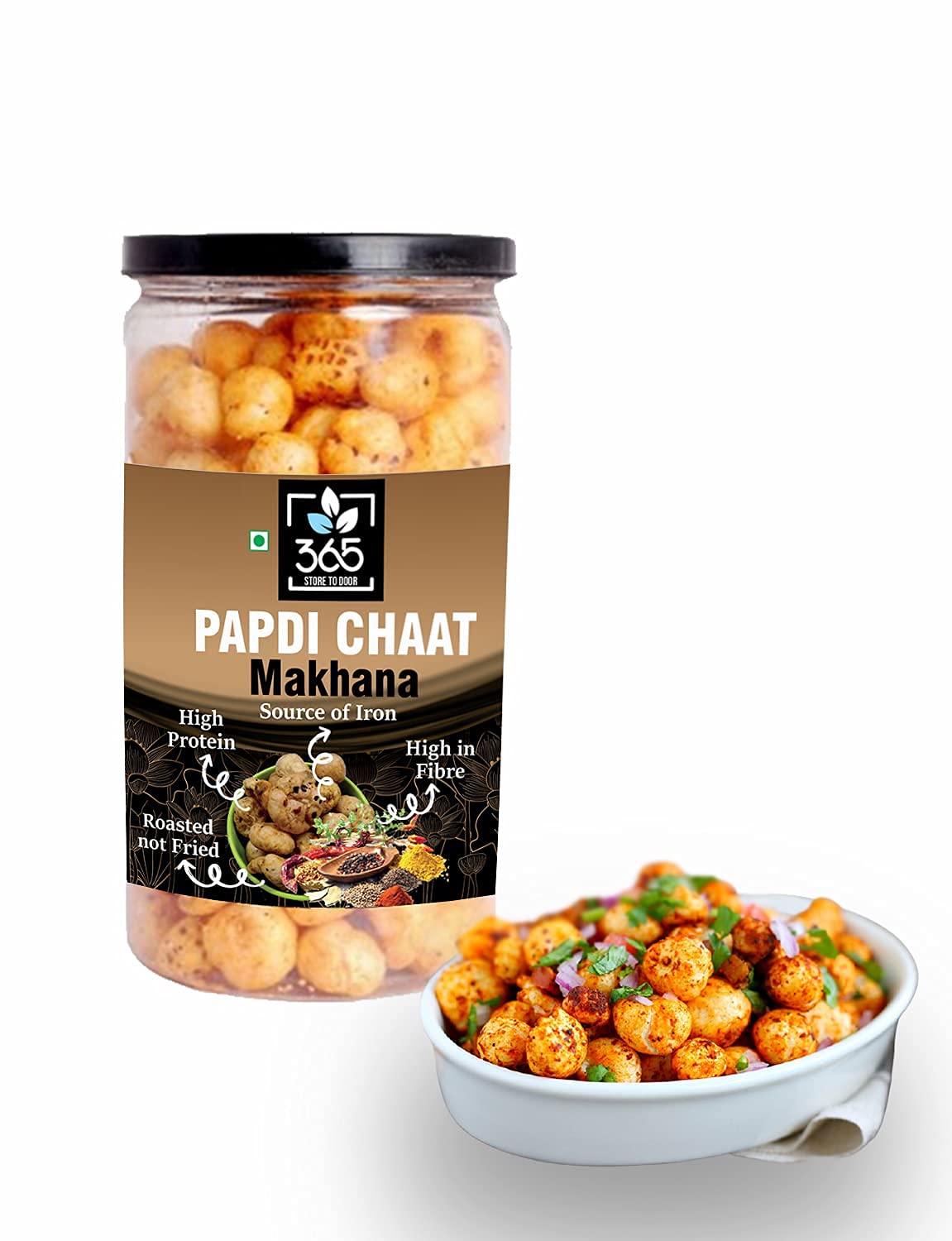 365 Store to Door Roasted Makhana – Papdi Chat Flavor, 150g | High Protein & Fiber Fox Nuts | Gluten Free & Trans Fat Free Healthy Snacks for Kids & Adults | Perfect for On-the-Go, Weight Loss & Movie Nights