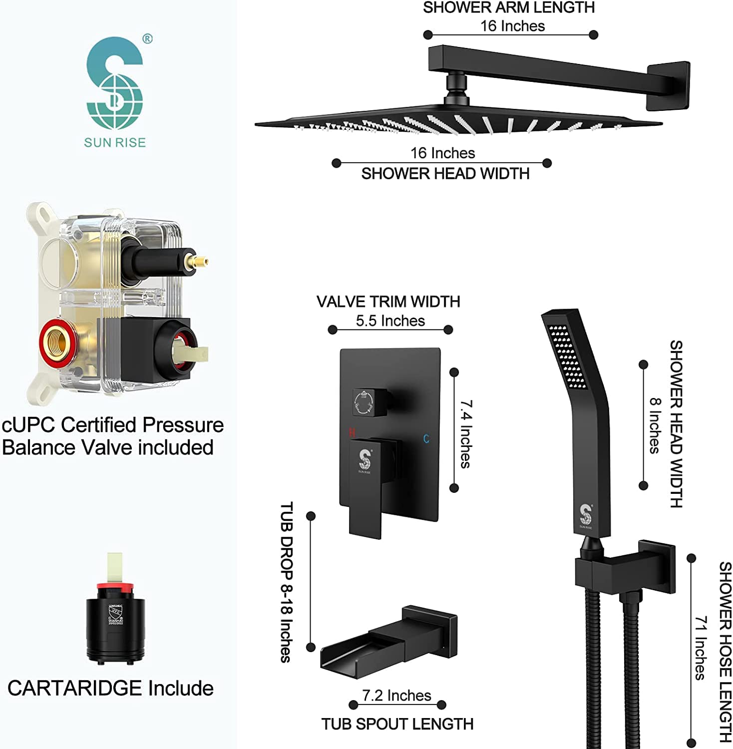 SR SUN RISE 12 Inch Modern Shower System with Tub Spout - All Metal Square Rainfall Shower Head & Handheld Shower Combo, 1.8GPM Flow Rate, Matte Black Finish - Includes Valve & Trim Kit for Bathroom Renovation & Luxury Spa Experience