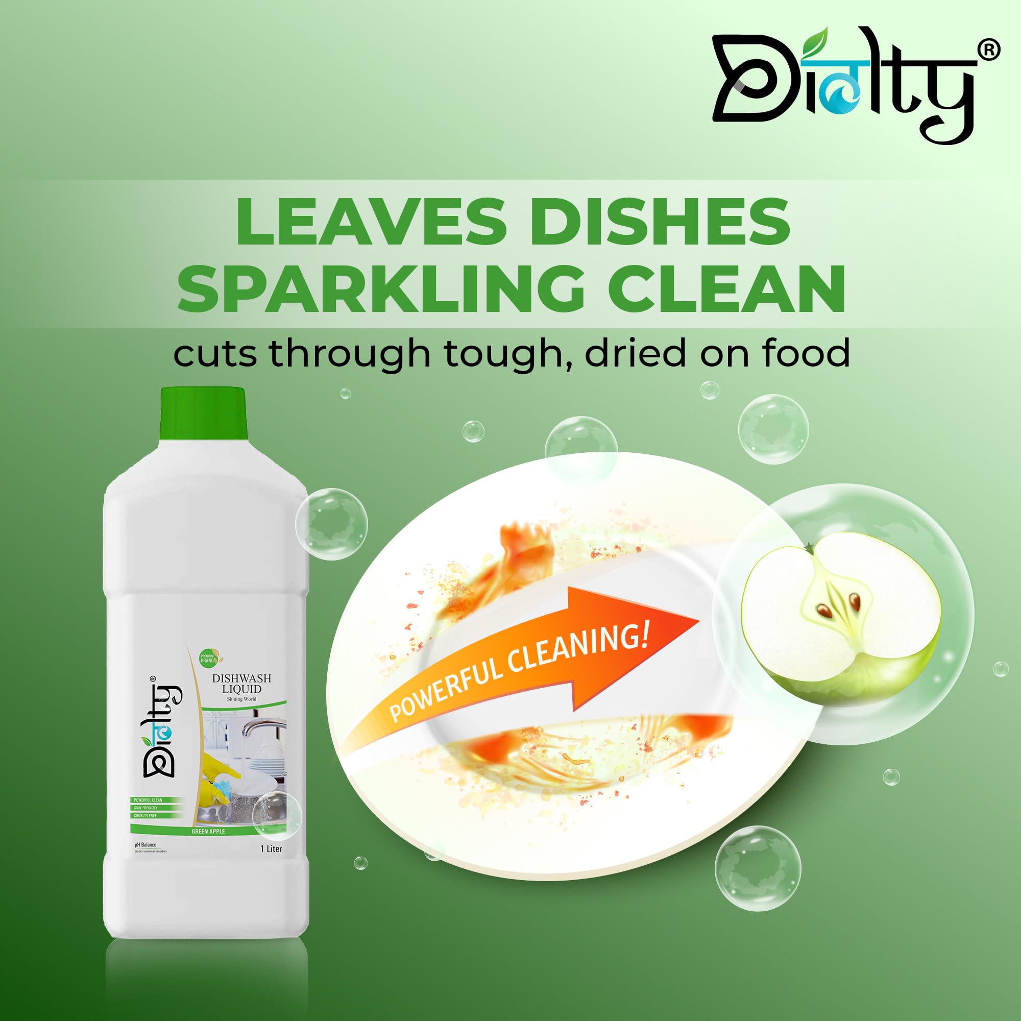 Diolty Lemon Scented Dishwashing Liquid Gel - 1L Grease Cleaner for All Utensils | Eco-Friendly Kitchen & Household Cleaning Solution (Green Apple Fragrance)