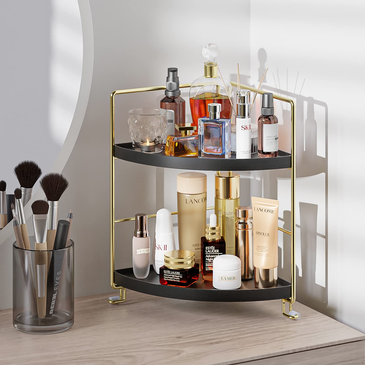 2-Tier Bathroom Corner Counter Organizer - Black Makeup Storage Shelf & Vanity Tray for Bathroom Sink Countertop | Space-Saving Cosmetic Organizer for Small Bathrooms & Vanities