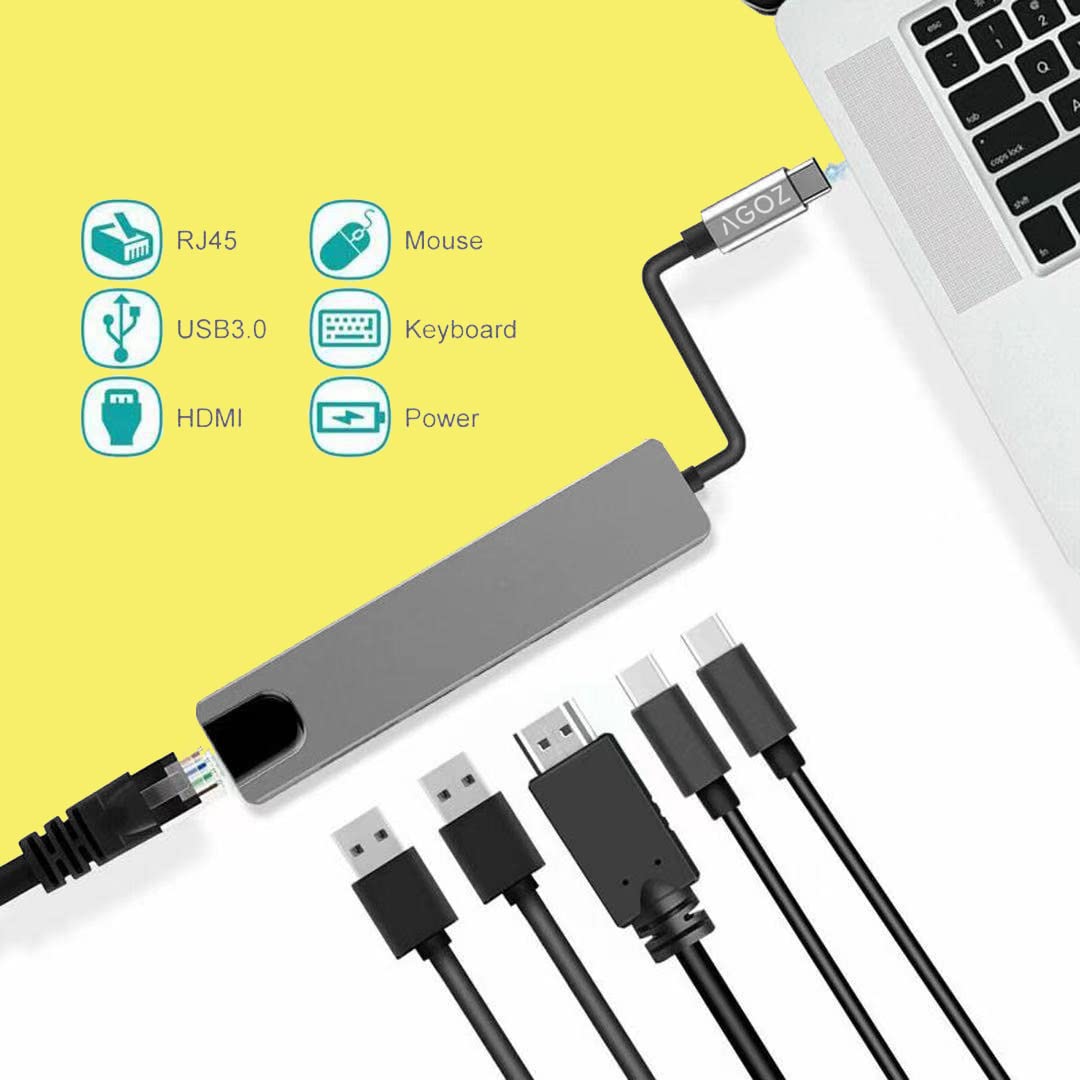 6-in-1 USB C Hub with Ethernet - 4K HDMI, 100W PD Charging, 1Gbps LAN, 2 USB 3.0 Ports - Compatible with MacBook Pro/Air, iPad Pro, Dell XPS, Mac M1/M2 - Perfect for Home Office, Remote Work & Travel