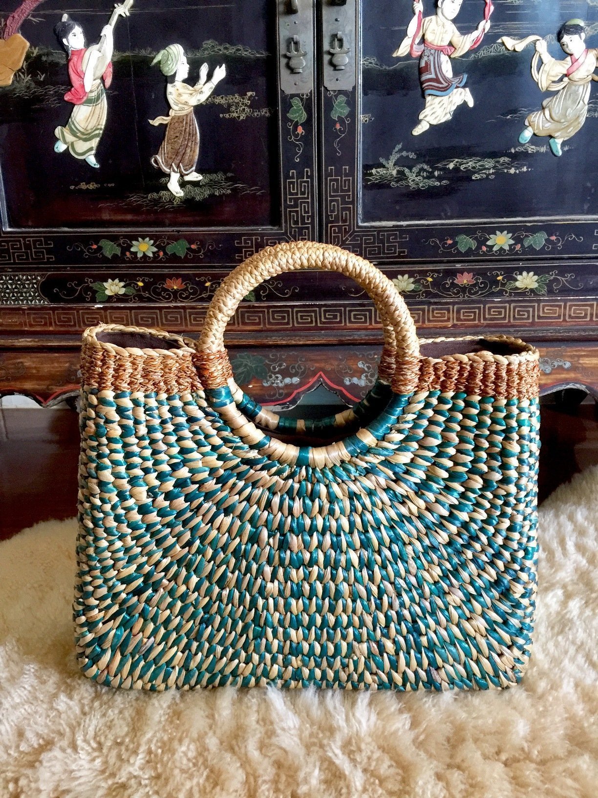 Handwoven Blue Straw Purse Basket - Eco-Friendly Beach Tote Bag with Top Handle for Women | Perfect for Summer Outings, Picnics, and Beach Vacations