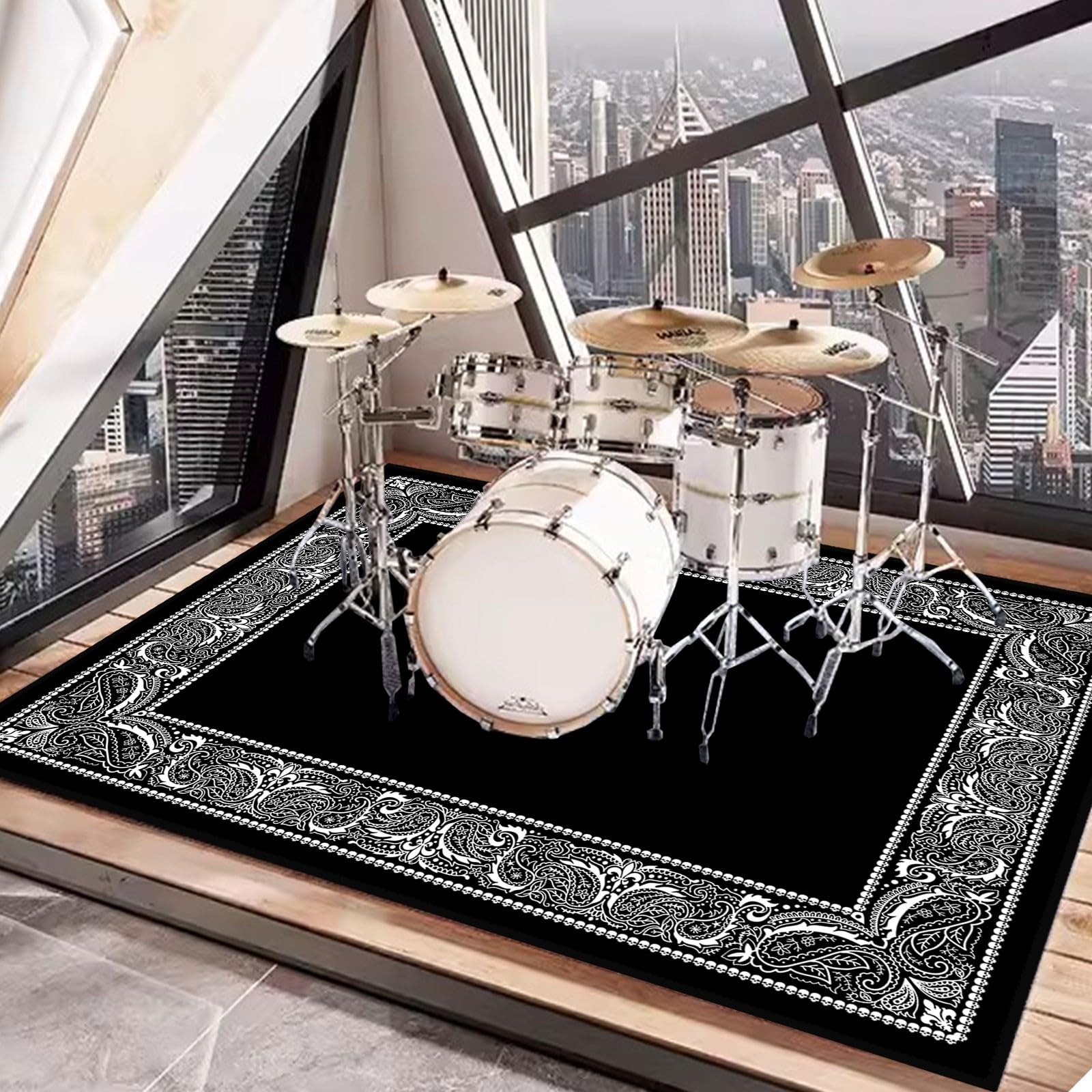 4x6ft Drum Rug with Non-Slip Bottom - Soundproof Drum Set Carpet for Electric Drums, 47x71in Drum Floor Mat - Perfect Drum Accessories & Gift for Drummers (Black) - Ideal for Home Studios, Live Performances & Practice Rooms