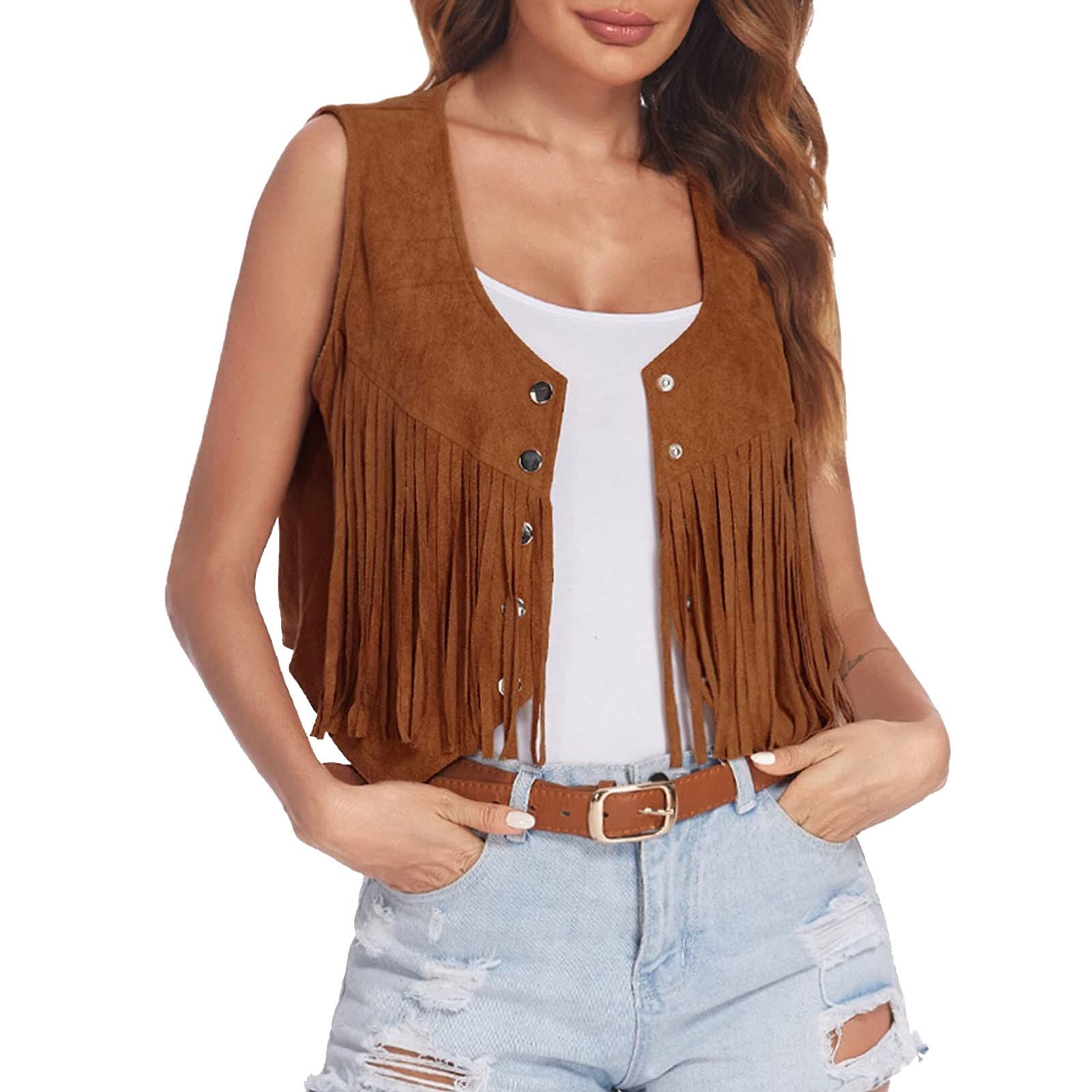 Women's Vintage Boho Fringe Leather Jacket - Sleeveless Western Open-Front Vest Hippie Style Jacket for Spring Fashion | Perfect for Music Festivals, Casual Outings & Boho Chic Outfits